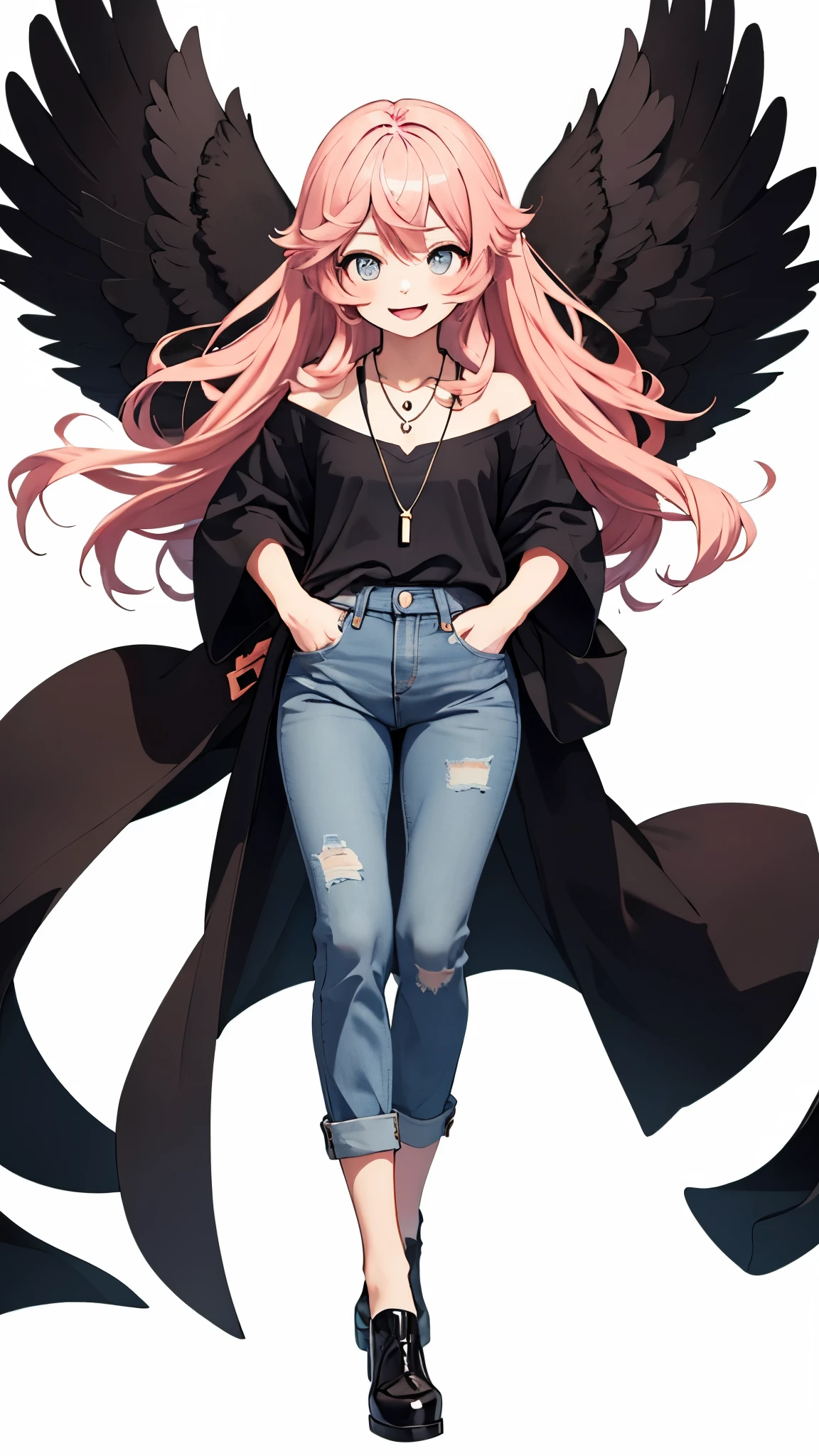 white background、Empty background、(high quality, Breathtaking),(expressive eyes, perfect face) Full body shot, 1 girl, girl smiling from the front、woman gives blowjob, solo, open your mouth wide、Stinking eyes、tsundere eyes、Era: late 20s, pink hair, , long hair, Soft wavy hair, gentle smile, Loose hair, side bangs, Looking at Viewer, People photography, A happy expression, modern clothes, V neck short sleeve shirt, flowing blouse, black off shoulder coat, jeans, small necklace, It&#39;s elegant, middle age, Height 5"6,