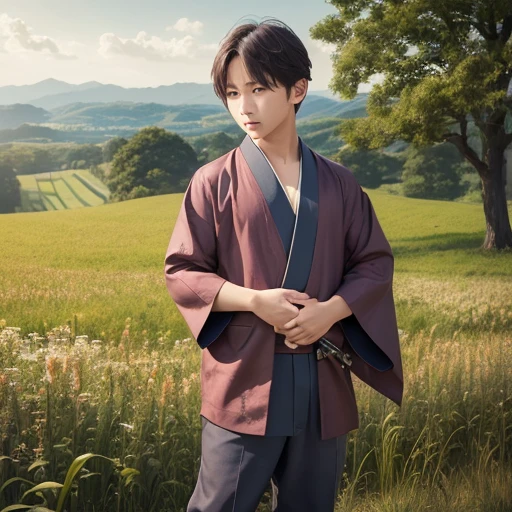 ハンサムなboy、(Photoreal:1.4),ultra high resolution, Super detailed, masterpiece, highest quality,oriental、boy、alone、game poster、kimono、pants、fields、farmer、bust shot、