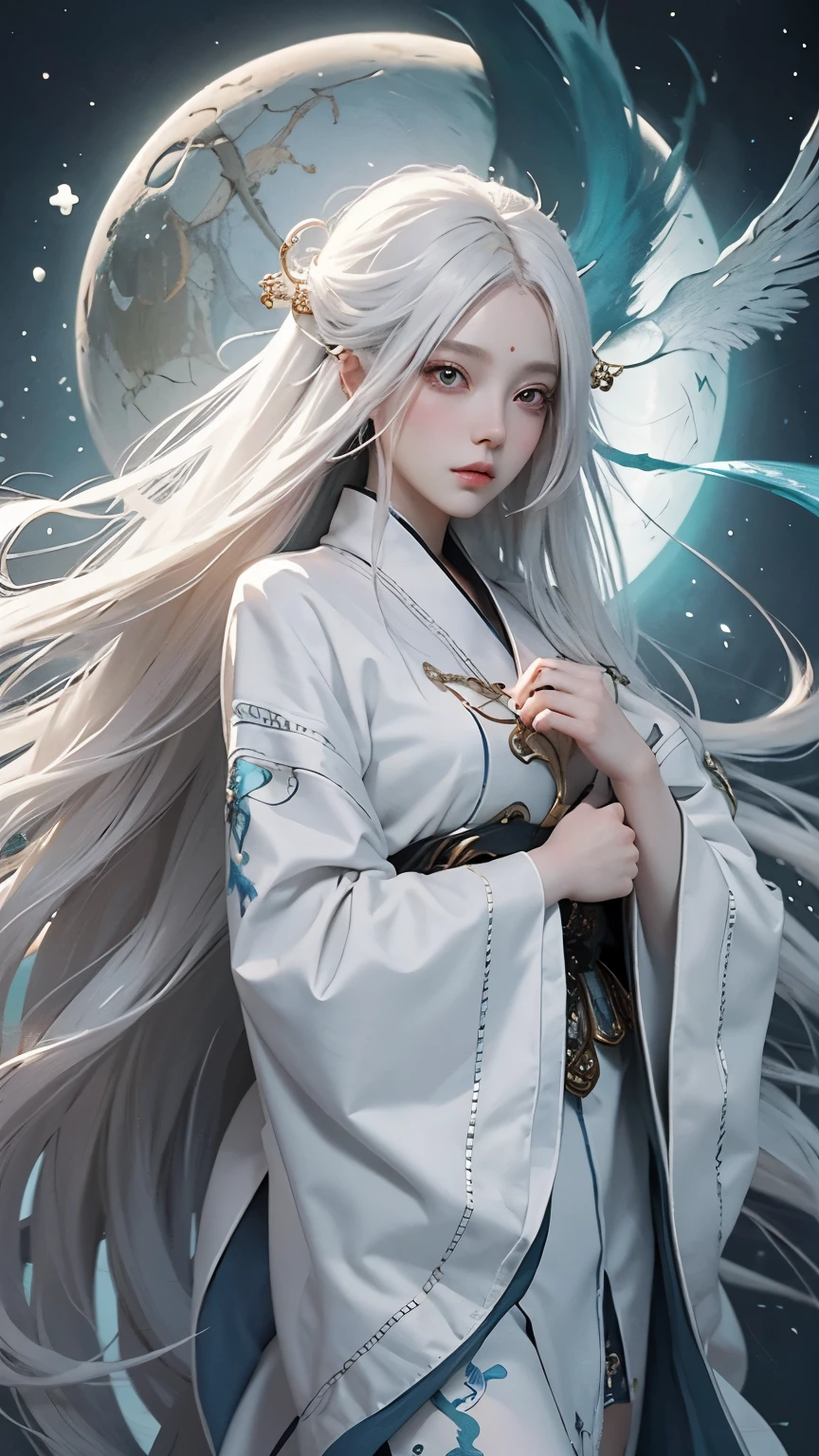 A pixiv competition winner, fantasy art, white-haired god, beautiful character painting, guvez style artwork, dazzling gaze of Yuki Onna, guweiz, long white hair, flowing hair and robes, cute big eyes, illustrations, fine lines, deep color