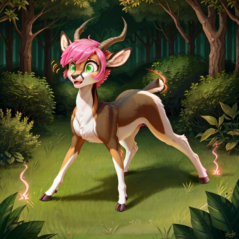 Lillia from League of Legends, ((deer centaur)), 4 hooves, two arms, two hands, deer tail, fluffy, high resolution, realistic, Soft, 4K, upscales, high detail, Delicate fur, forest, big breasts, big nipples, hyper areola, long nipples, 4 legs, feral, smile, purple eyes, 1 girl, peeking at viewer, big feral deer butt, hyper canine pussy, presenting canine pussy, back toward viewer, looking back at viewer, drippy pussy