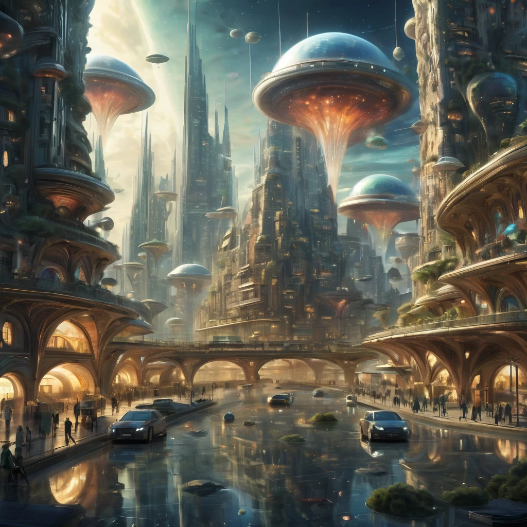 de petits vaisseaux spatiaux gravitent dans une ville spatial alien ou terrestre, city, big city, megalopole