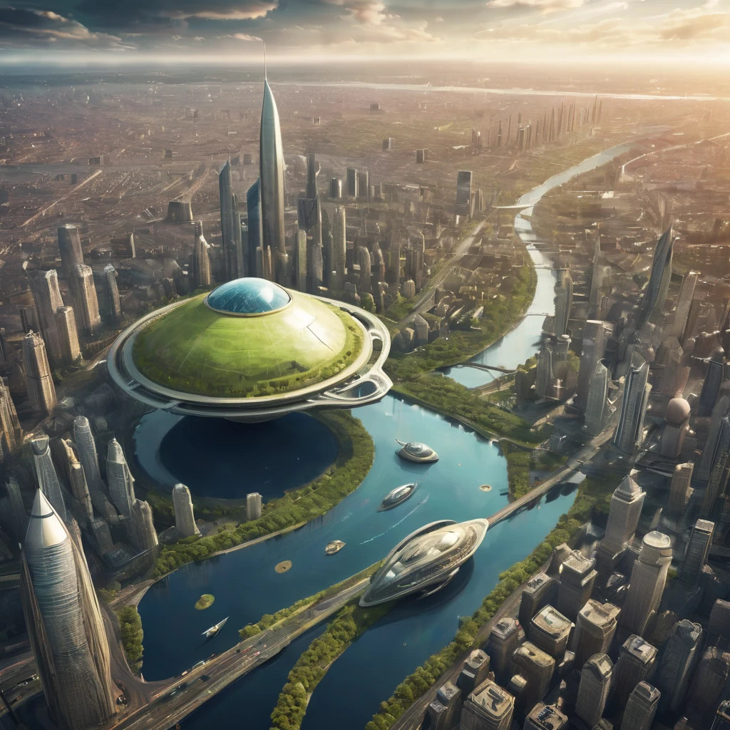 de petits vaisseaux spatiaux gravitent dans une ville spatial alien ou terrestre, city, big city, megalopole