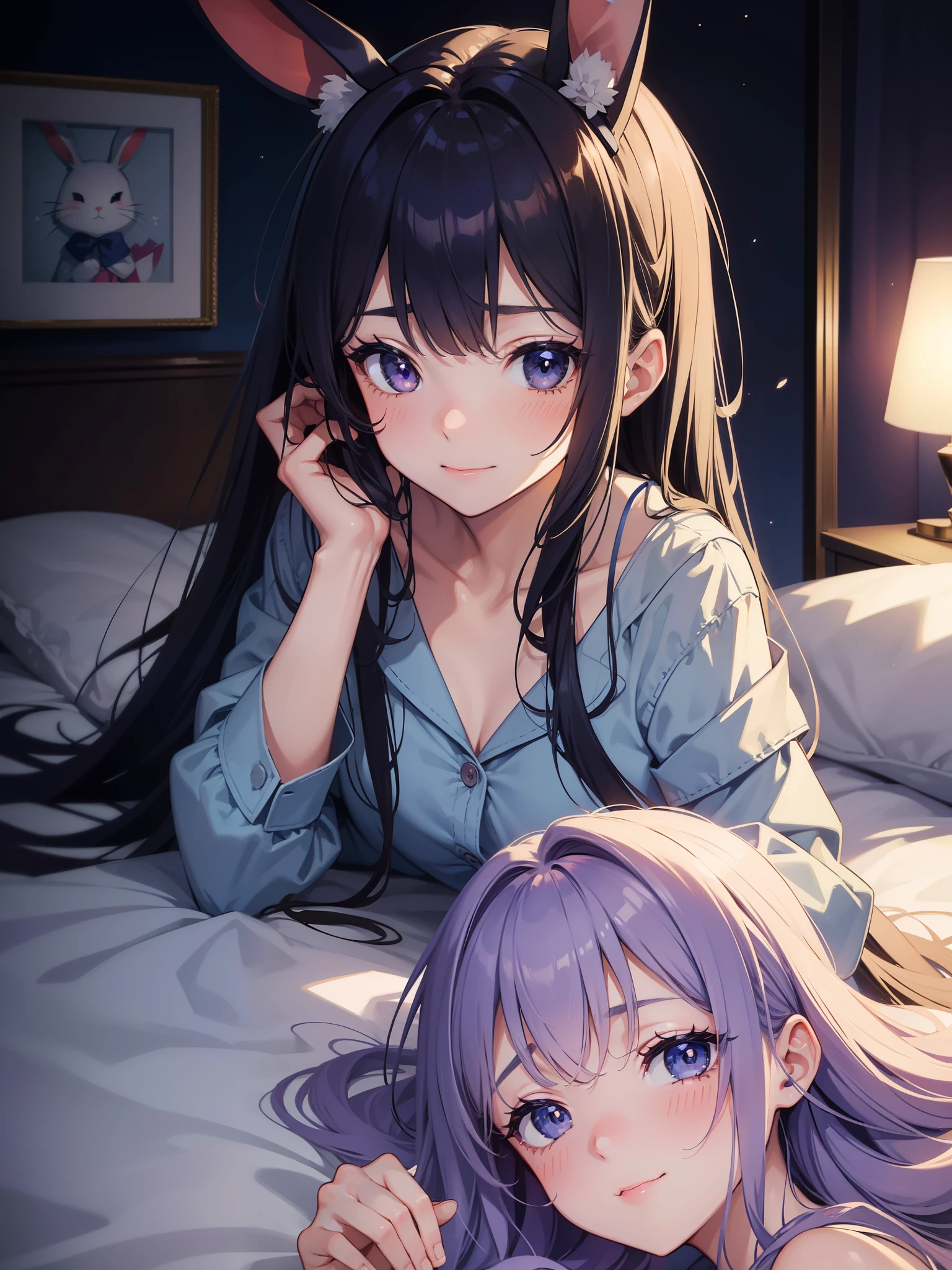 1 girl, lying face down, rabbit-eared pajamas, midnight blue, subtle smile, detailed face withblushed cheeks, bed sheets, soft lighting, thighs visible, (masterpiece), wallpaper.