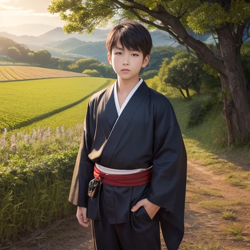 ハンサムなboy、(Photoreal:1.4),ultra high resolution, Super detailed, masterpiece, highest quality,oriental、boy、alone、game poster、kimono、pants、fields、farmer、