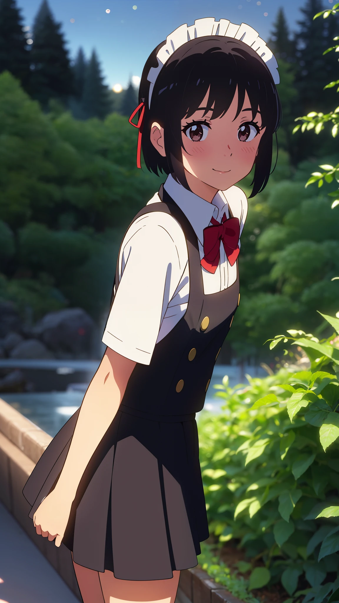 shinkai makoto, kimi no na wa., 1girl, bangs, black hair, blush, brown eyes, shiny skin, red ribbon, red bow, (maid uniform), headdress, dress, shirt, pinafore, skirt, mini skirt, hair decoration, looking at the viewer, short hair, cute, smile, solo, short sleeves, Rainforest background, in the forest, park, night, night sky, dynamic lights, scenery