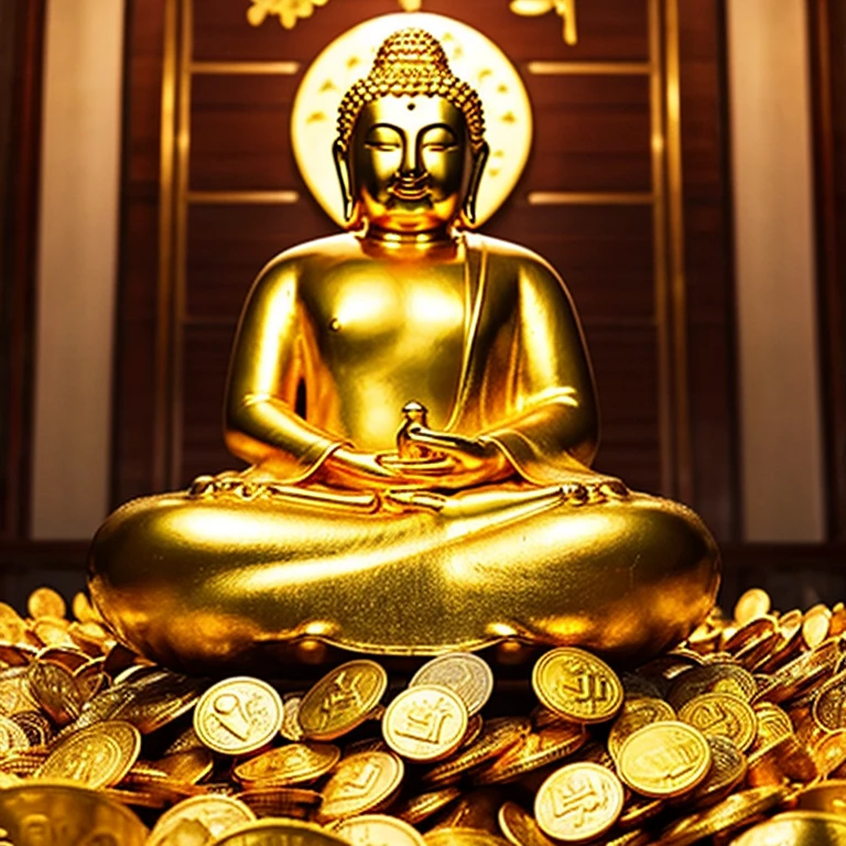 Great golden Buddha、The background is also golden、There are many gold coins piled up around、Great Buddha that brings good luck