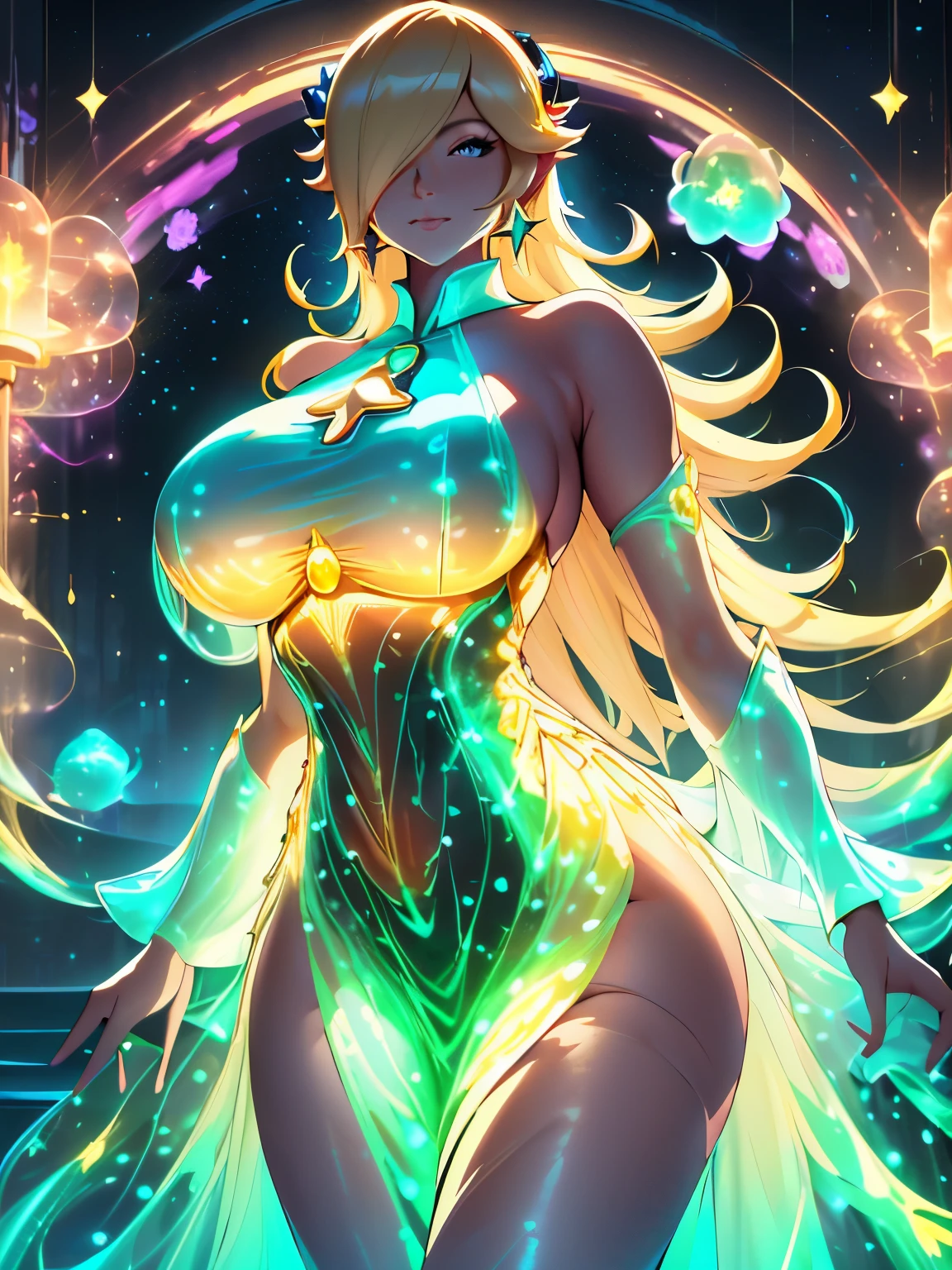 breathtaking 8k, masterpiece, beautiful mature woman, bioluminescent dress, ((very dark, high contrast)), glow, (bloom), looking at viewer, ((cowboy shot)), slight smile, long hair, rosalina, long dress, in space, ((covered eye)), blond hair, deep cleavage, wide hips, sideboob