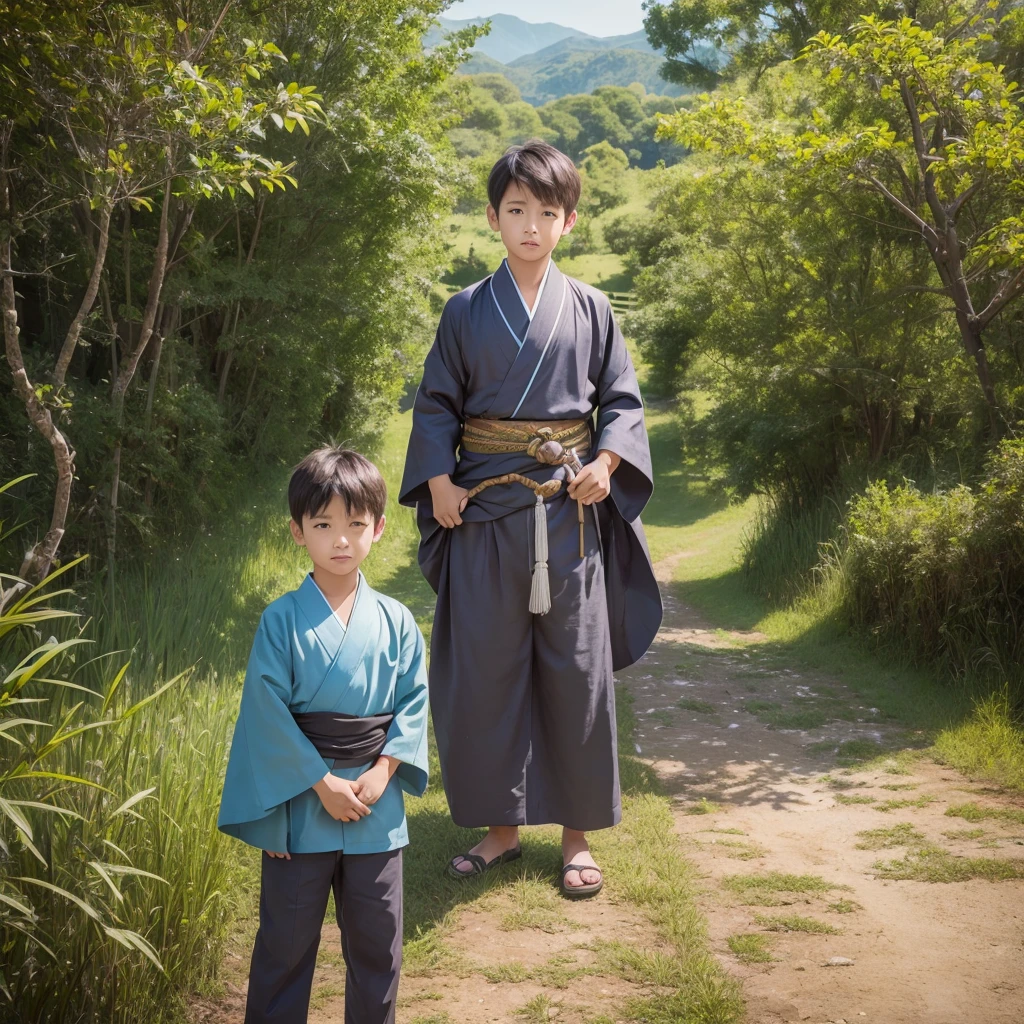 ハンサムなboy、(Photoreal:1.4),ultra high resolution, Super detailed, masterpiece, highest quality,oriental、boy、alone、game poster、kimono、pants、fields、farmer、