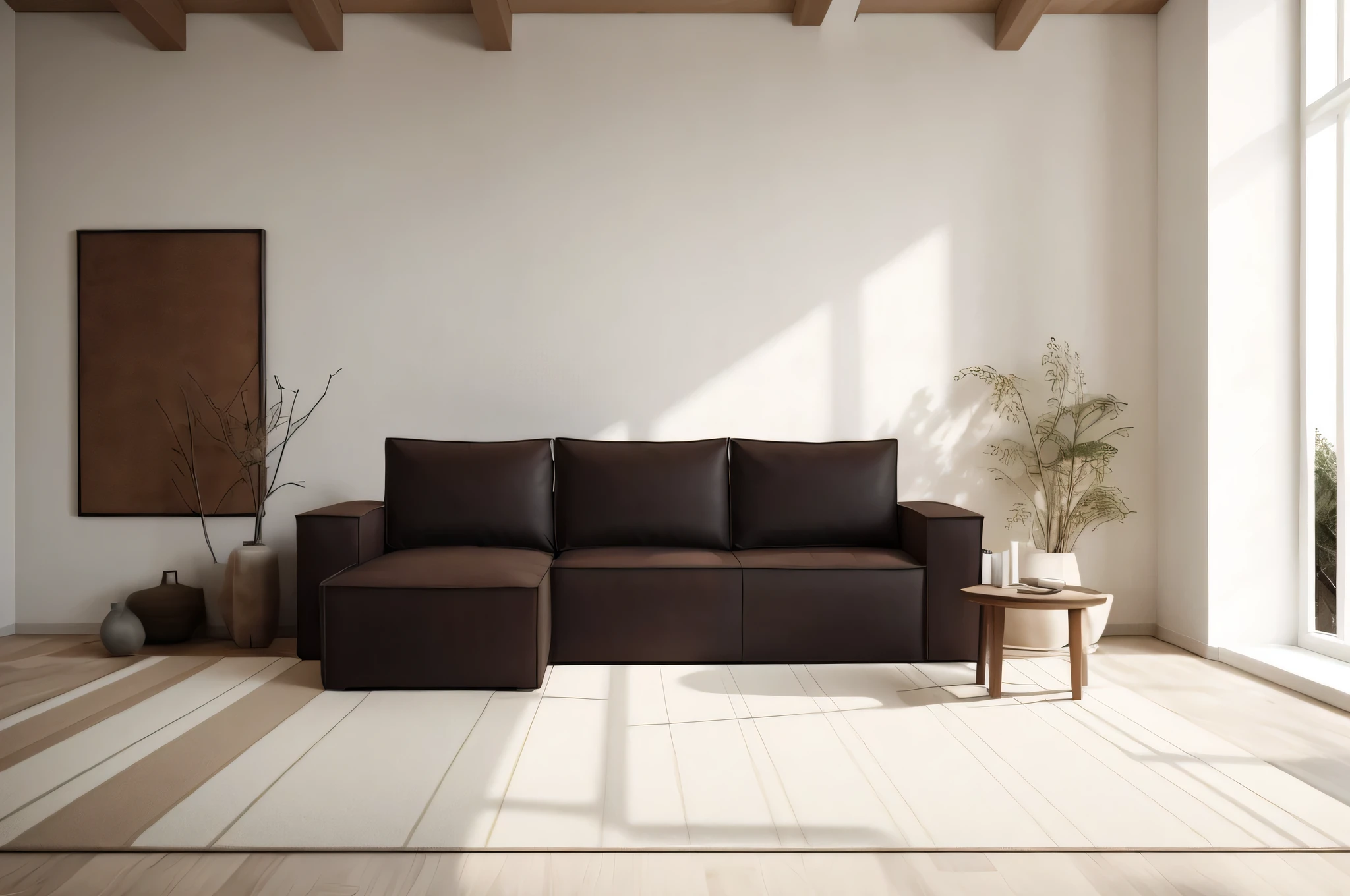 Dark brown sofa in the room, no leather material, matte texture, realistic shadows, hyper detailed, high quality,