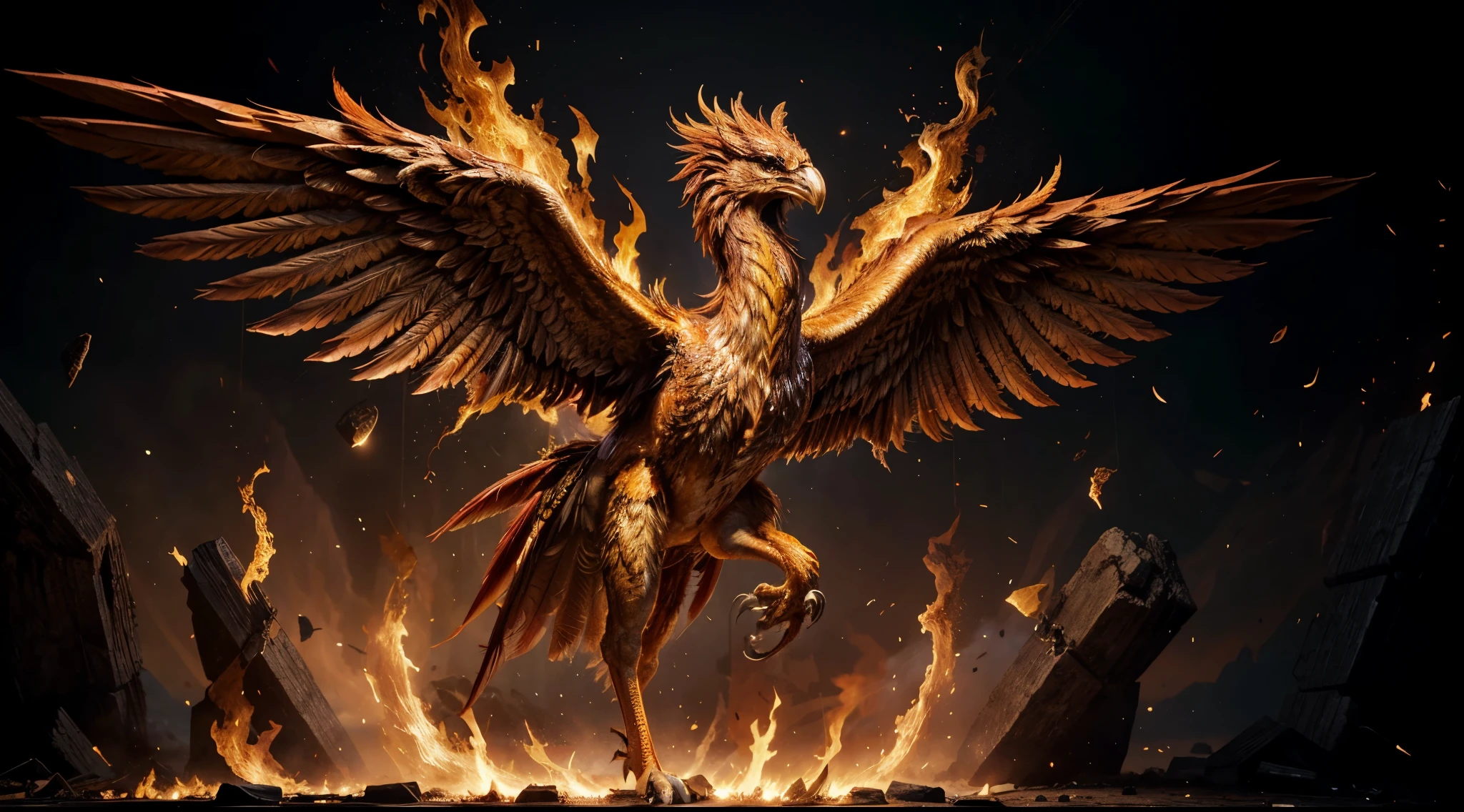 The phoenix is a mythical bird often portrayed with vibrant and fiery plumage in hues of red, orange, gold, and purple, symbolizing the intense flames it emerges from during its cyclical rebirth. Its majestic form resembles that of a large bird of prey, with expansive wings, a long and graceful neck, and an elegant tail. The phoenix may be adorned with a crest or crown on its head, contributing to its regal appearance. Surrounded by an aura of flames, the phoenix embodies the transformative power of fire, representing its ability to consume itself and rise anew from the ashes. This mythical creature is a symbol of renewal, immortality, and the enduring cycle of life, death, and rebirth.
