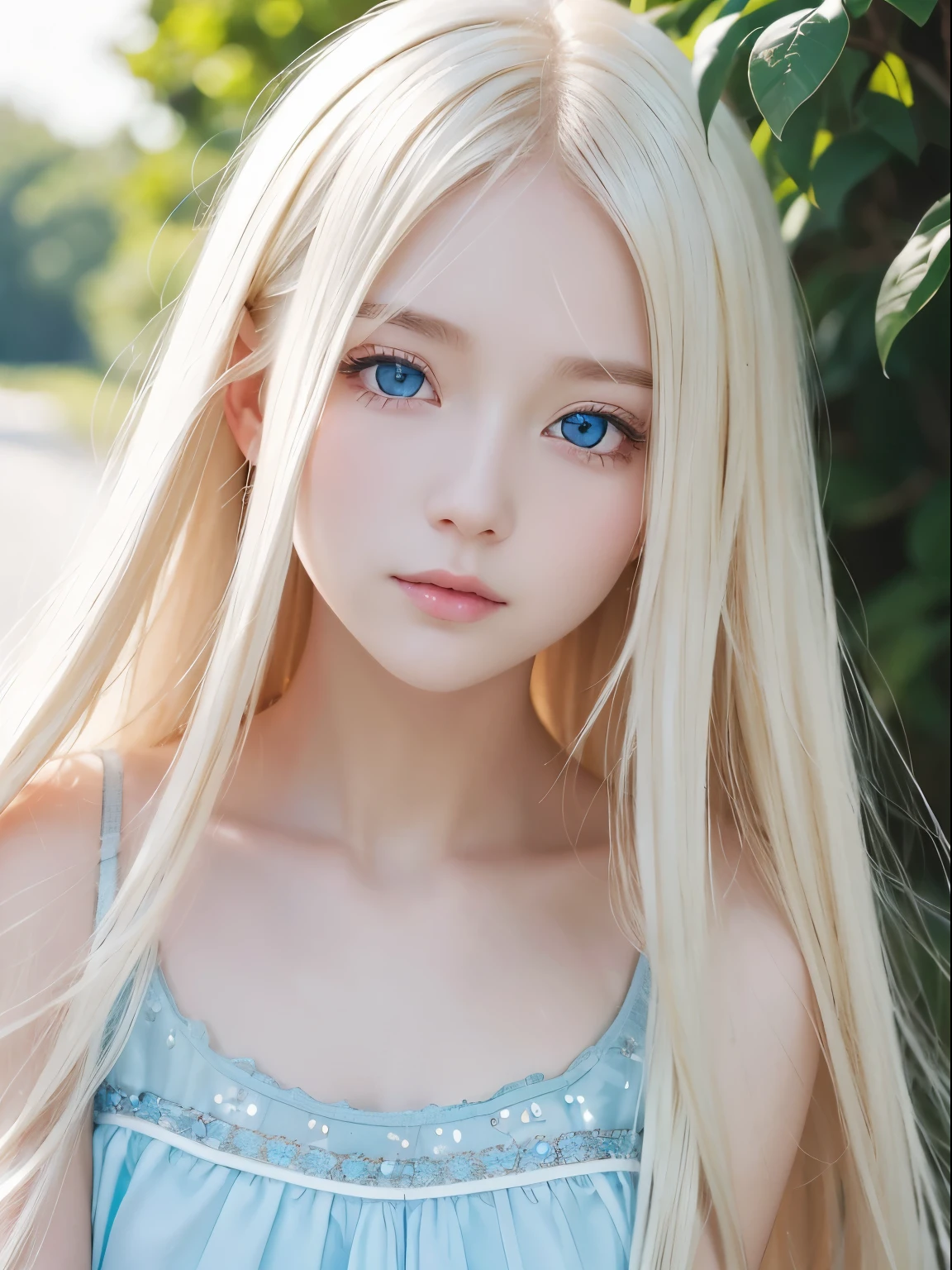 Clear white glossy skin、Face Gloss、bright expression、Ridiculously super long hair、Disturbing wind blonde in front of cute face、20 years old ridiculously cute sexy little beautiful norwegian girl、Glossy pale light blue eyes and details (Looking at the camera), SLR Lighting, SLR camera, ultra-quality, sharpness, depth of fields, Film grain (Center), FujifilmXT3, Crystal clear, Frame Center, perfectly beautiful face、Beautiful face、Beautiful hair with sparkly bright straight blonde hair、Her hair is、It obscures her beautiful sparkling pale blue eyes、Sexy cute young woman、