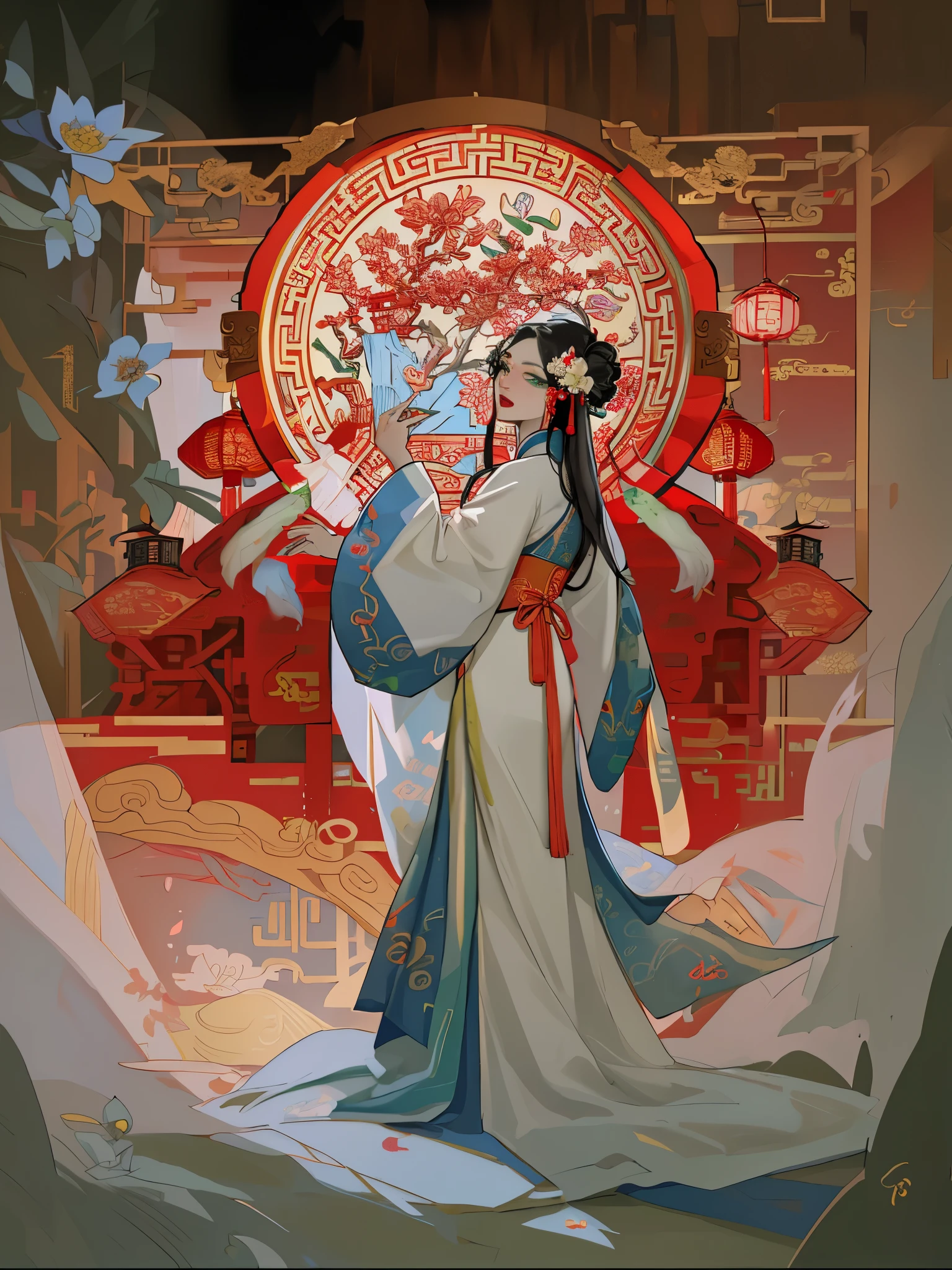 (best quality), ((masterpiece)), (highres), illustration, original, a woman singing opera on the stage, red, Beijing opera, drum, play box, radio, peeling opera facial makeup on face，Solo, 1Girl, holding, standing, long hair, (China_dress: 1.2), (green eyes: 1.1), colored candy, black hair, looking at the audience, upper body, (lantern/lamp: 1.1), flowers, Spring Festival, New Yeareworks: 1.1), long sleeves, Oriental dragon, white background, red shoes, hair accessories, blue theme, Chinese architectural background