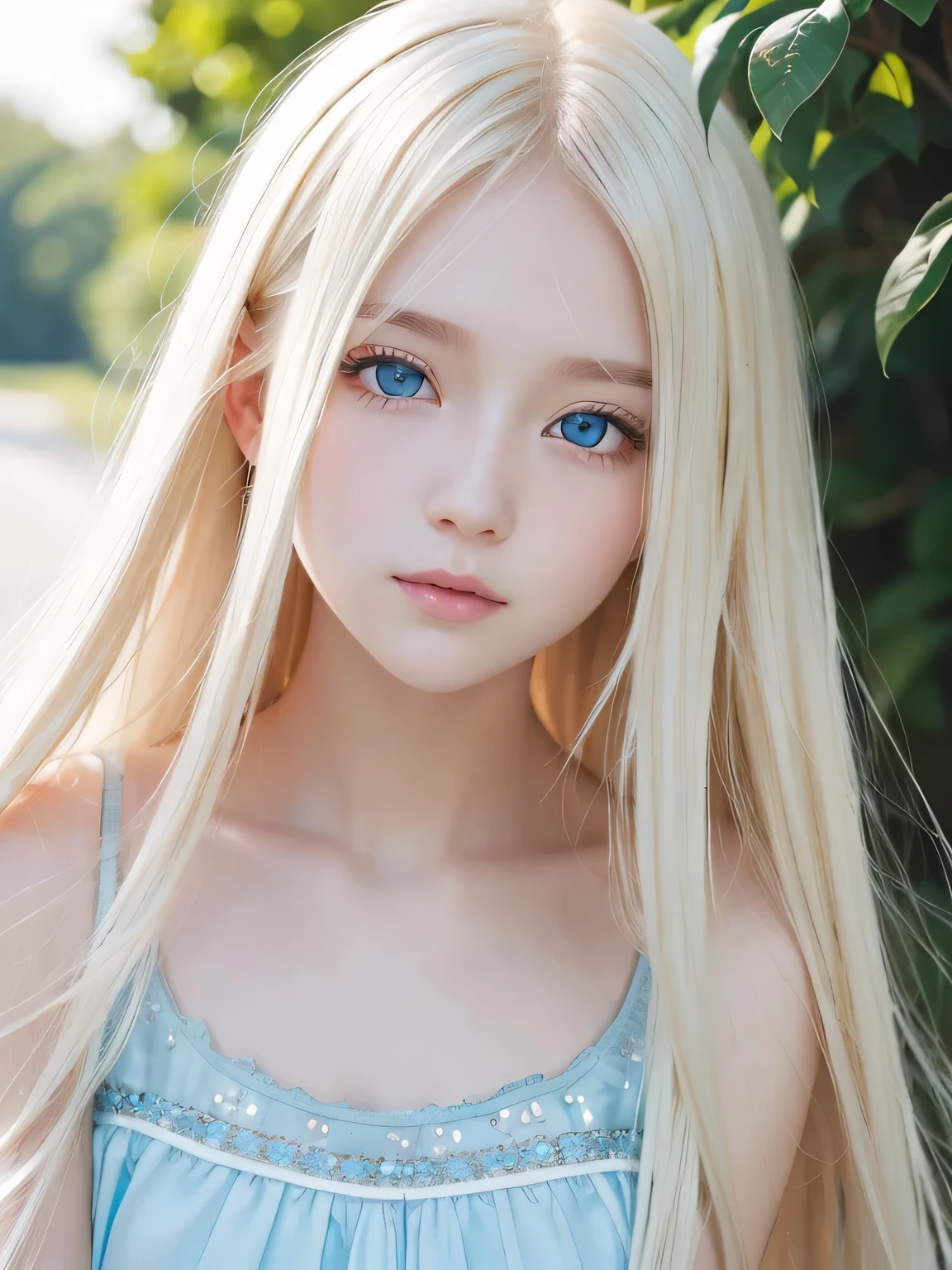 Clear white glossy skin、Face Gloss、bright expression、Ridiculously super long hair、Disturbing wind blonde in front of cute face、20 years old ridiculously cute sexy little beautiful norwegian girl、Glossy pale light blue eyes and details (Looking at the camera), SLR Lighting, SLR camera, ultra-quality, sharpness, depth of fields, Film grain (Center), FujifilmXT3, Crystal clear, Frame Center, perfectly beautiful face、Beautiful face、Beautiful hair with sparkly bright straight blonde hair、Her hair is、It obscures her beautiful sparkling pale blue eyes、Sexy cute young woman、
