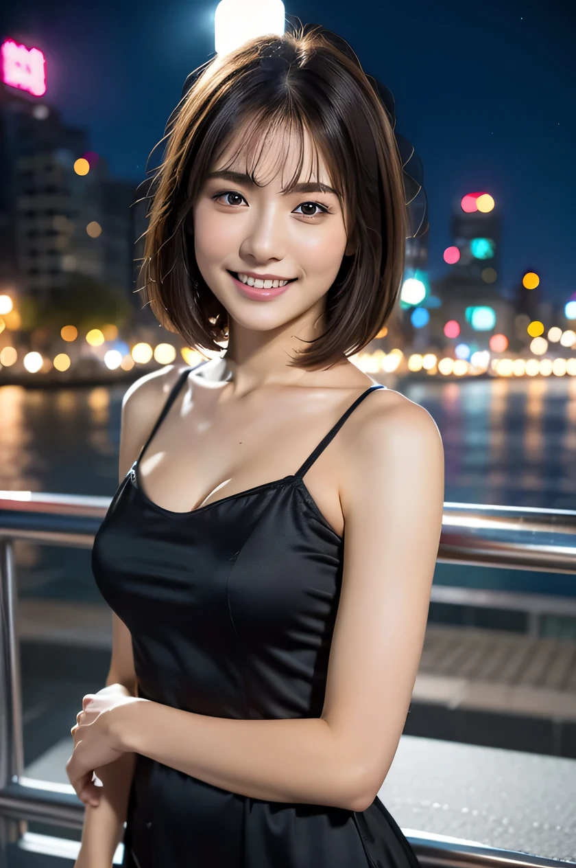 The beauty of 8K raw photos:2.0, short hair,, great face and dark eyes, stare at the camera, upward glance, A smile full of joy, （pink tight dress:1.2), realistic:1.9, very detailed CG 統合 8k 壁紙, very detailed, High resolution RAW color photos, cowboy shot, professional photos, Shot in the city at night, girl sexy portrait