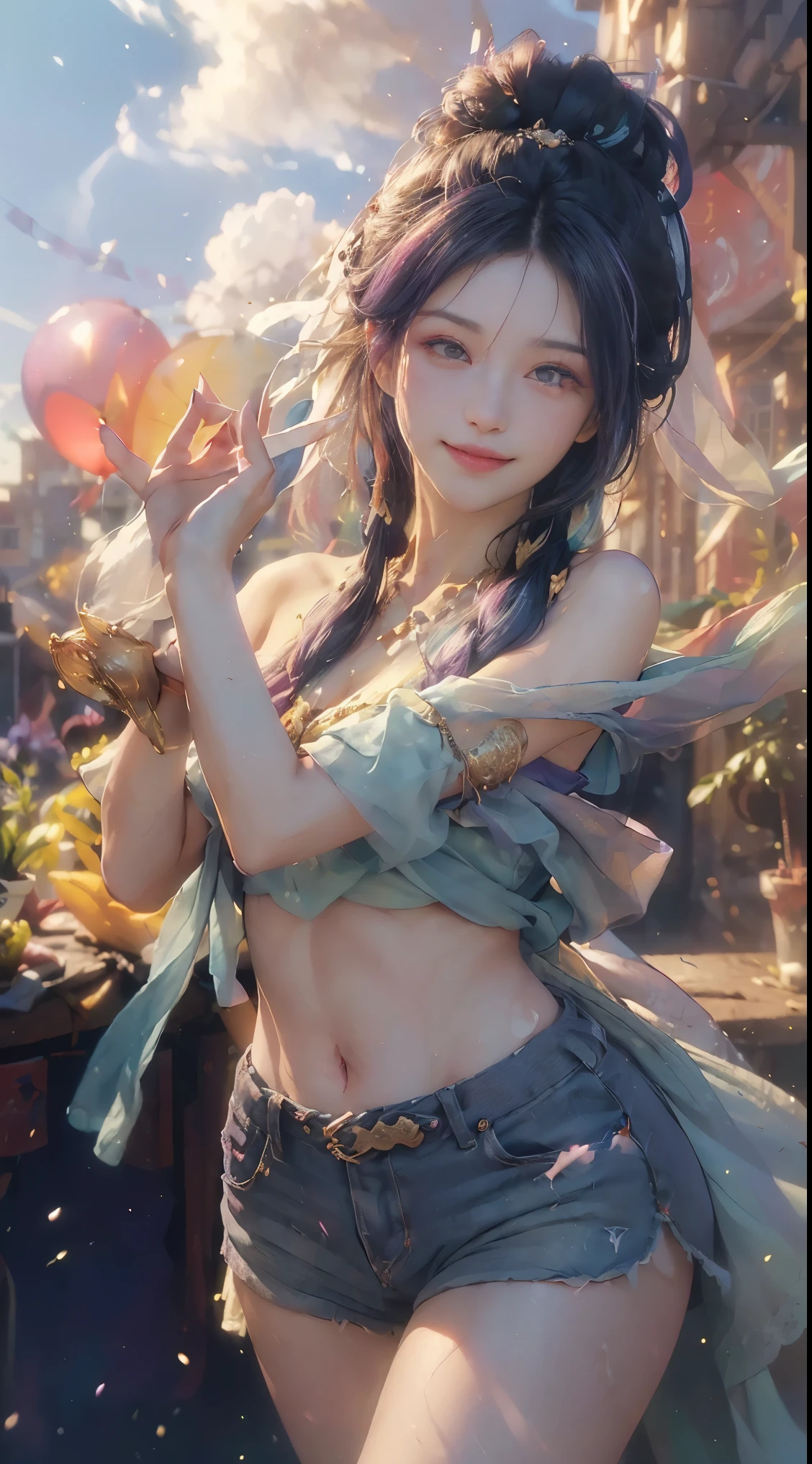 ((Half-length photo)), ((2 arms)), ((2 legs)), ((bare shoulders)), (Tempting), (charming), (Beautiful and delicate face))), ((messy hair)), ((Smile)), (gradient eyes)), ((White cloud background)), ((breast reduction surgery)), ((shorts)), ((high saturation)), ((balloon)), (dynamic angle), ((City), (night), (outdoor), ((outdoor), (( Highly detailed facial and skin textures)), ((double eyelids)), ((whiten skin)), ((magazine cover)), (close up: 1.1), (bauhause, shape, Wire, abstract: 1.1), (rainbow hair, Colorful hair, 一半blue色一半粉色的头发: 1.2), (bright Smile), dream, skyscraper, (tree of Life), swirl, magic circle, soap bubbles, floating in the sky, bright, happy, interesting, soft light, meaning is, painting, perfect face, soft skin perfect face, blue, Added light purple and violet colors, light red additive, intricate details, splash screen, 8K resolution, masterpiece, cute face, Surface scattering, Lens 135mm, f1.8, luminescent, 8k, high resolution, fantastic, 光Wire追踪, elegant, brutalist design, bright colors, , Michal Maraz, Adrian Gainey, Petra Corright, Atmospheric, ecstatic notes,