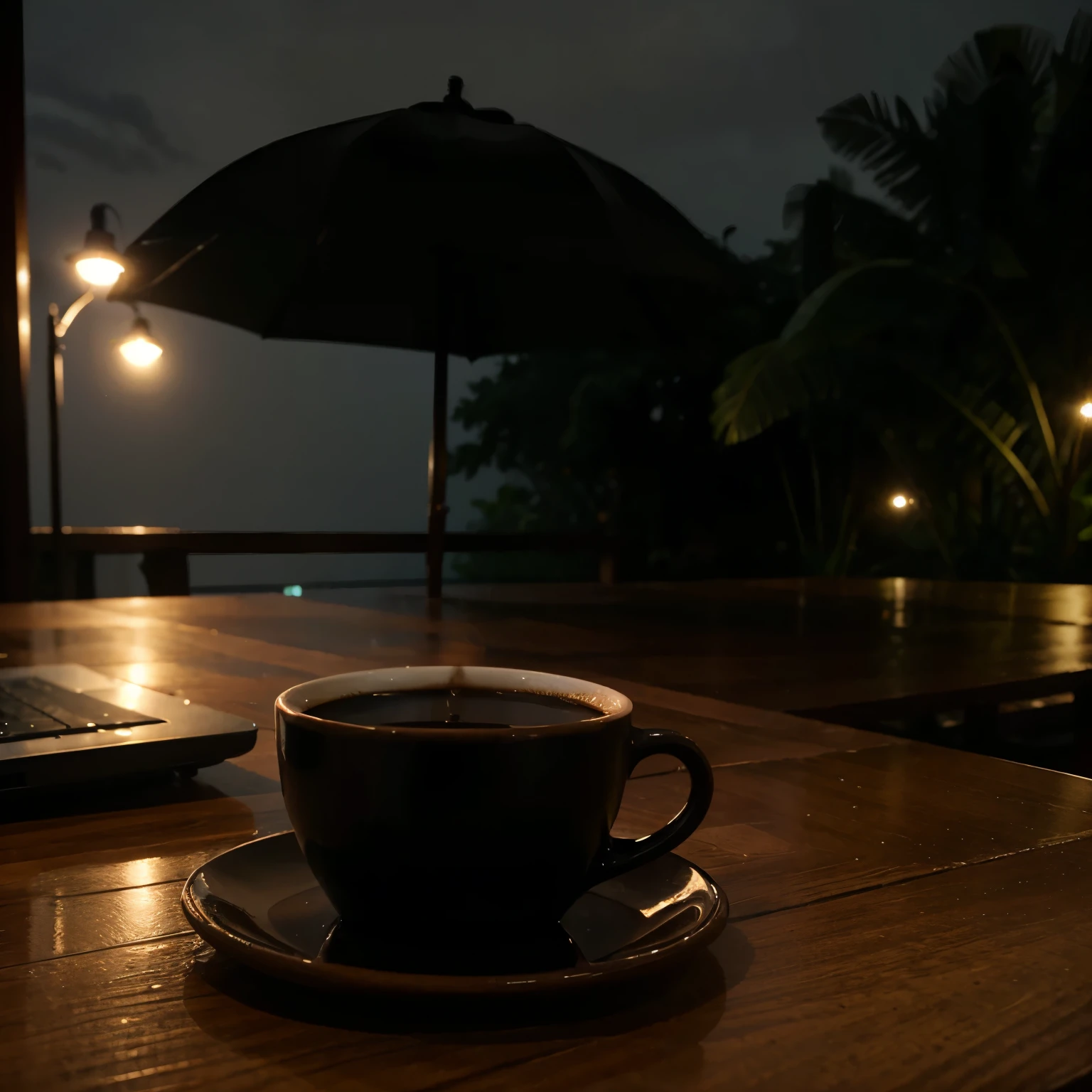 Evening in indonesia, rainy season, a cup of black coffee, laptop, evening