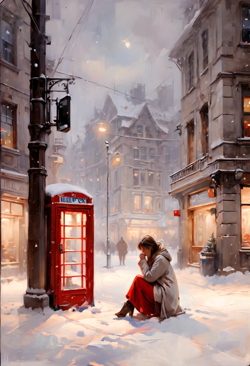 In the midst of winter, under a heavy snowfall, everything is covered in ice and snow. At a street corner, there's a phone booth where a beautiful girl is squatting on the ground, alone and waiting. The scene captures the contrast between the cold, white blanket of snow and the warm, hopeful glow emanating from the phone booth, highlighting the girl's solitude and anticipation in this serene yet somber winter landscape.