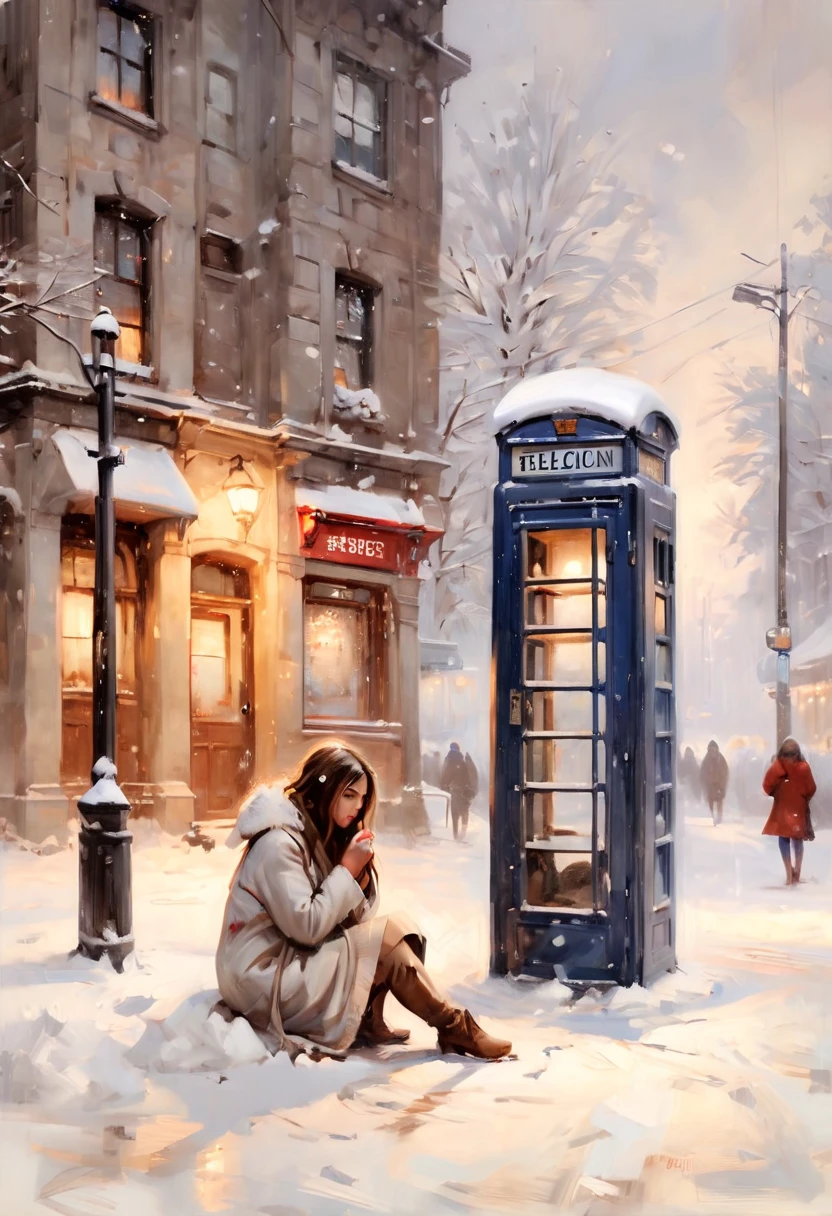 In the midst of winter, under a heavy snowfall, everything is covered in ice and snow. At a street corner, there's a phone booth where a beautiful girl is squatting on the ground, alone and waiting. The scene captures the contrast between the cold, white blanket of snow and the warm, hopeful glow emanating from the phone booth, highlighting the girl's solitude and anticipation in this serene yet somber winter landscape.