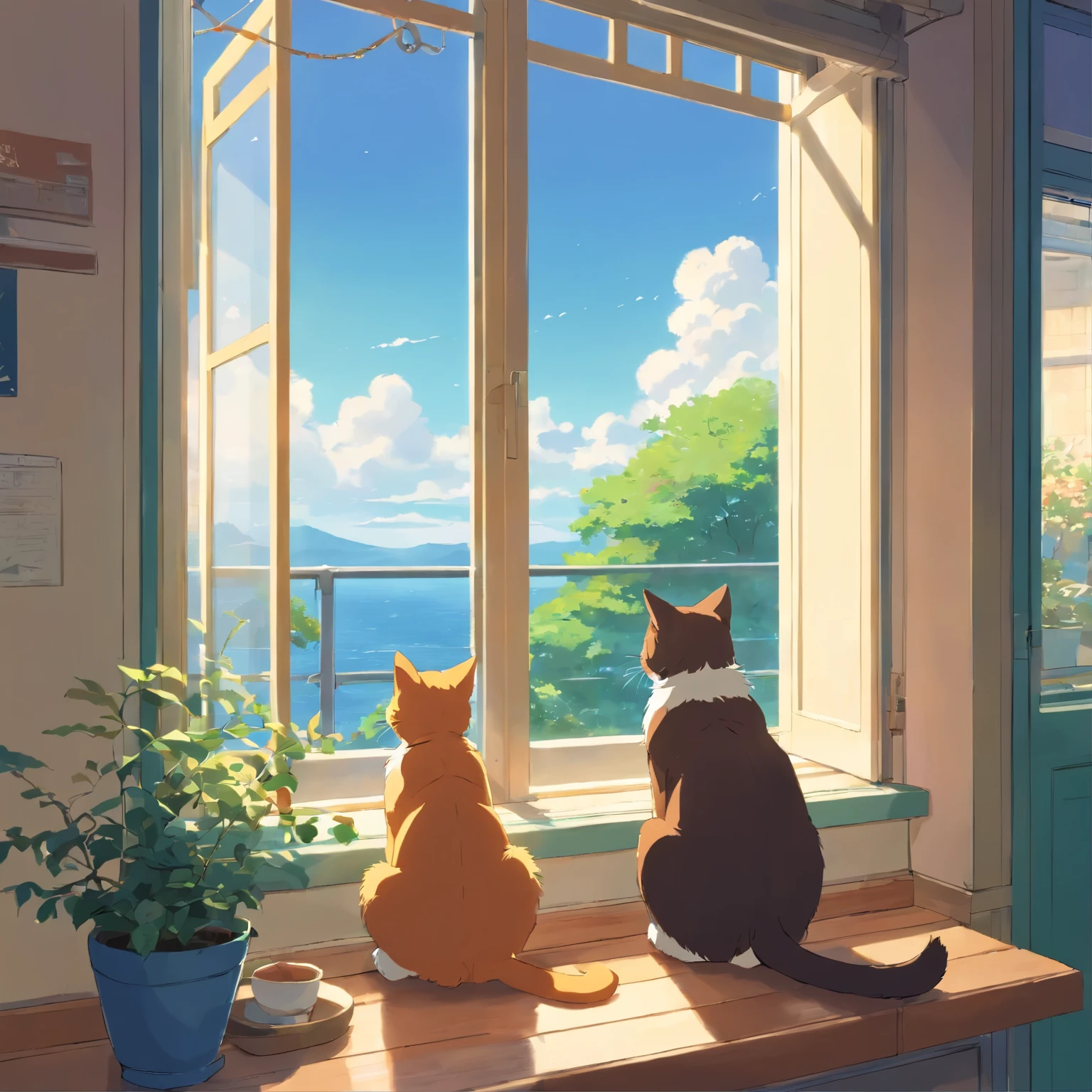 Miyazaki Hayao animation style Cat sitting on windowsill looking out the window at lovers riding bicycles