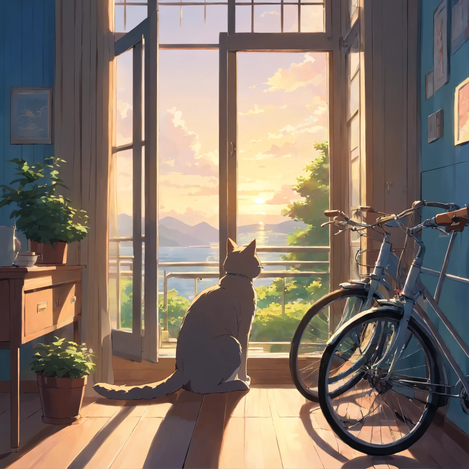 Miyazaki Hayao animation style Cat sitting on windowsill looking out the window at lovers riding bicycles