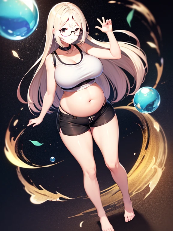 (Very high quality, detailed, anime style) An image of a full body pregnant girl with a round belly, long hair, very big breasts, bubble butt and pretty thick body. She's standing barefoot with her hands on her belly. She's wearing a crop top, very thight shorts, glasses.
