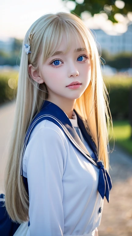beautiful girl with cute face、beautiful blonde straight super long hair、half body shot、Beautiful long bangs、Very beautiful bright and shining pale sky blue big eyes、very big eyes、Blonde between the eyes、round face、blonde hair above the eyes、片blonde hair above the eyes、school uniform、sailor suit、Very white and young beautiful skin、cheek gloss、cheek highlights、small face beauty