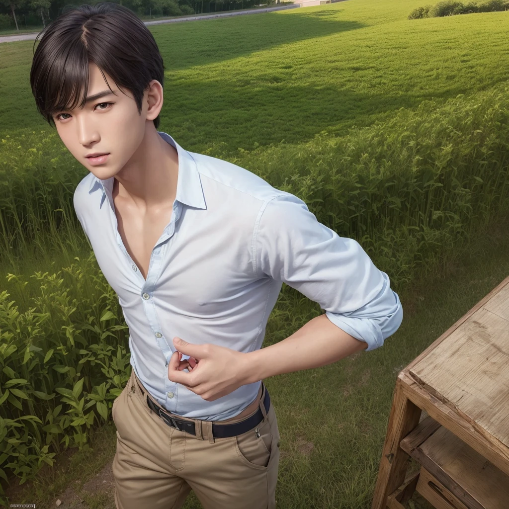 ハンサムなboy、(Photoreal:1.4),ultra high resolution, Super detailed, masterpiece, highest quality,oriental、boy、alone、game poster、tied the obi、pants、fields、farmer、bust shot