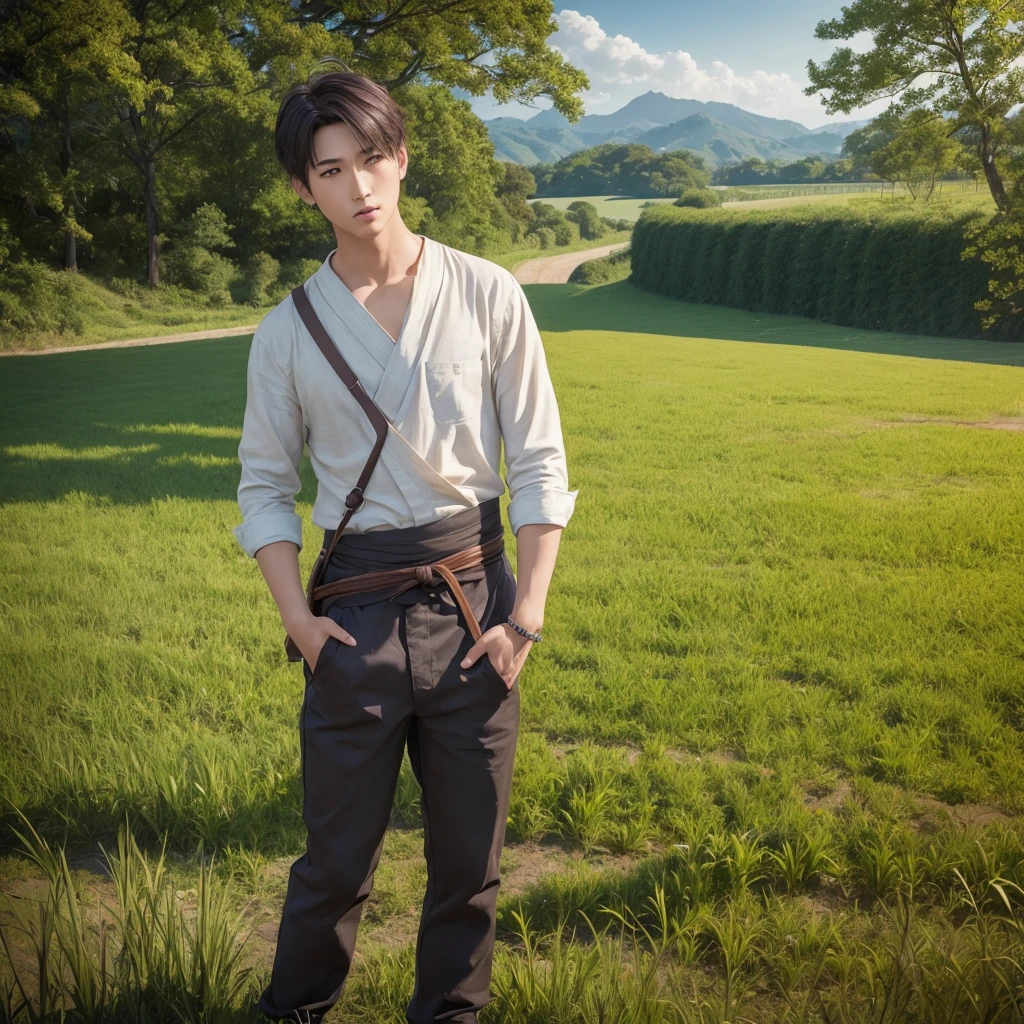 ハンサムなboy、(Photoreal:1.4),ultra high resolution, Super detailed, masterpiece, highest quality,oriental、boy、alone、game poster、tied the obi、pants、fields、farmer、bust shot