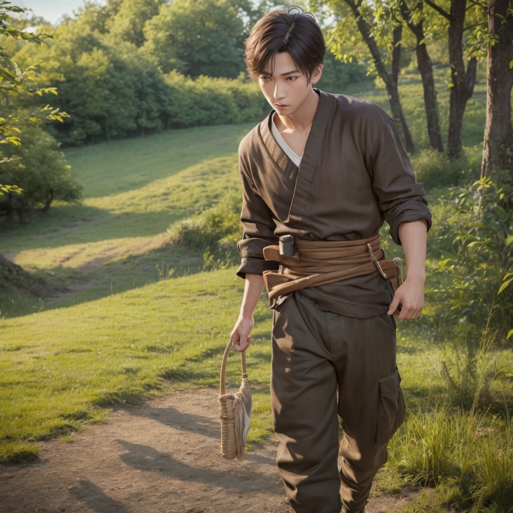 ハンサムなboy、(Photoreal:1.4),ultra high resolution, Super detailed, masterpiece, highest quality,oriental、boy、alone、game poster、tied the obi、pants、fields、farmer、bust shot