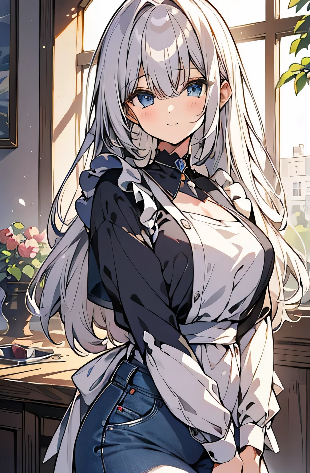 ((highest quality))、((8K))、((High resolution))、((masterpiece))、((Super detailed))、一人のbeautiful母親、(height 160cmwomen of)、((Looking at the camera from the front))、((Photo from the waist up))、((Standing position))、detailed background, Beautiful and delicate blue eyes、Eyes like clear jewels,beautiful, Smooth, silver hair、Soft and Smooth long hair、Big droopy eyes that give off a gentle maternal look、A smile like a mother watching over me 、((完璧でbeautiful指先))、Plump big breasts that exude motherhood、beautiful曲線を描く突き出たお尻,、beautiful body lines、((Plain gray t-shirt))、((dark blue jeans))、((white home apron))、beautiful and Smooth thighs, domestic、Dazzling morning sun、Sparkling、 garden full of plants