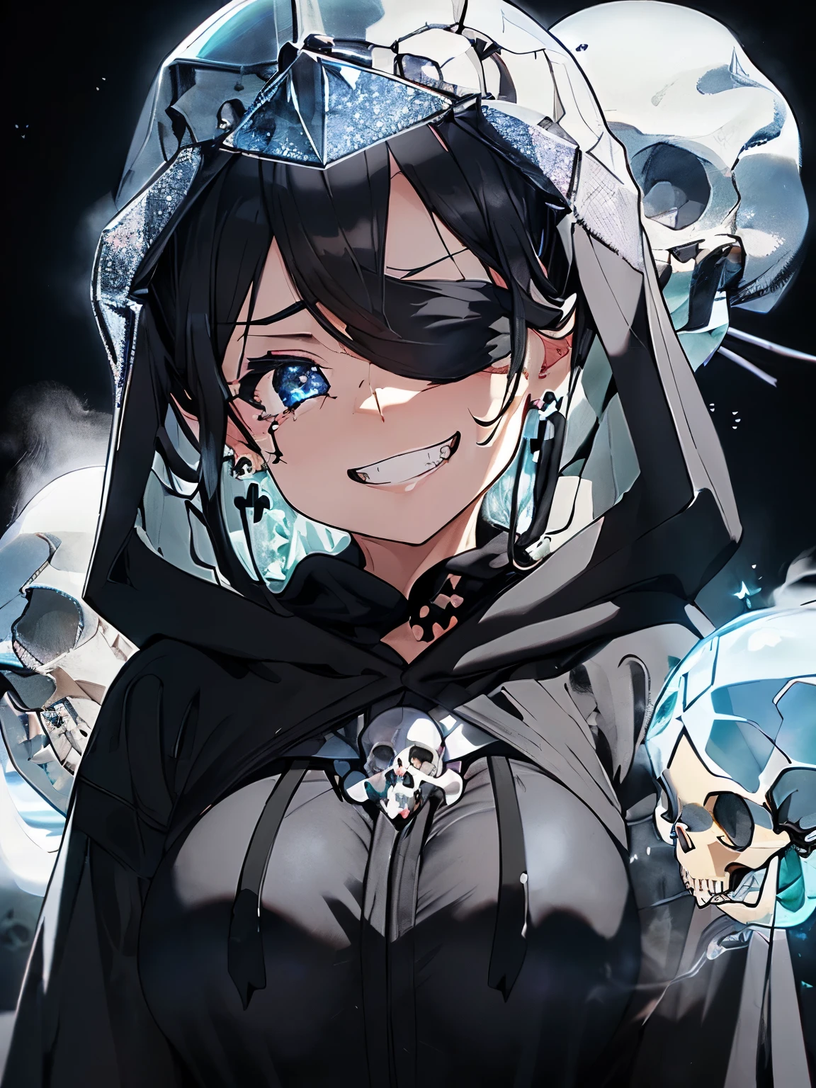 character//1 girl,(Shiny black hair that shines blue-black:1.2),((curly long hair:1.2)),((blindfold:1.5)),((blindfoldの下から青黒い涙:1.2)),BREAK//(black witch-like robe:1.3),((wearing the hood of a robe:1.3)),(nails are sharp and long:1.4),((Large earrings that sparkle suspiciously:1.2)),BREAK//((Transparent crystal in the shape of a skull:1.6)),((skull crystal size:1.6)),((There are many ghosts and ghosts around.:1.2)),BREAK//((A big smile with teeth exposed:1.4),BREAK//((Vague white steam rises against the black darkness background:1.3)),(((No background:1.2))),((small breasts:1.4)),