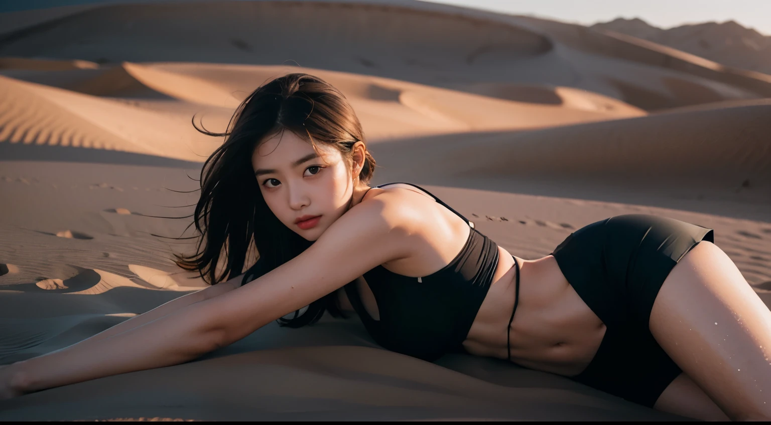 Girl lying on a dune,Creative photography,Sweaty legs,(Beautiful body curves:1.2),Perfect body,Realistic lighting,(focus on face),(The face is rich in detail),(HD imaging:1.3),oily skin,harness,short skirt