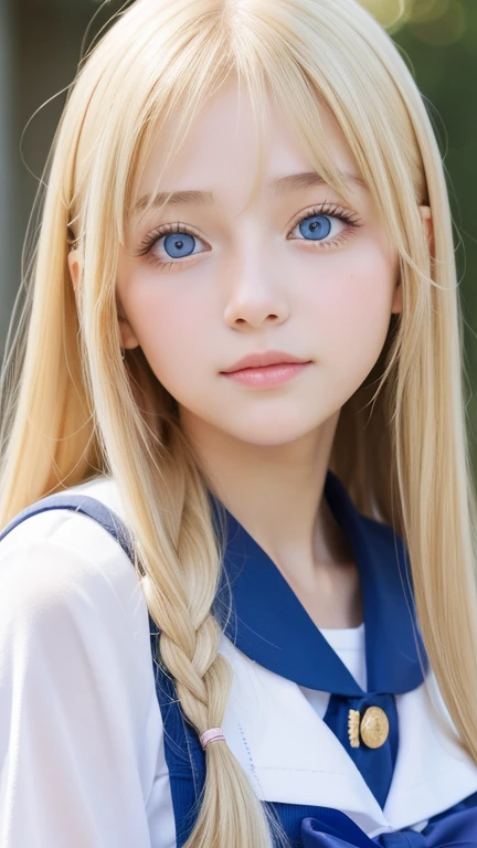 12 year old beautiful girl with a beautiful cute face、beautiful blonde straight super long hair、half body shot、Beautiful long bangs、Very beautiful bright and shining pale sky blue big eyes、very big eyes、Blonde between the eyes、round face、blonde hair above the eyes、片blonde hair above the eyes、school uniform、sailor suit、Very white and young beautiful skin、cheek gloss、cheek highlights、small face beauty