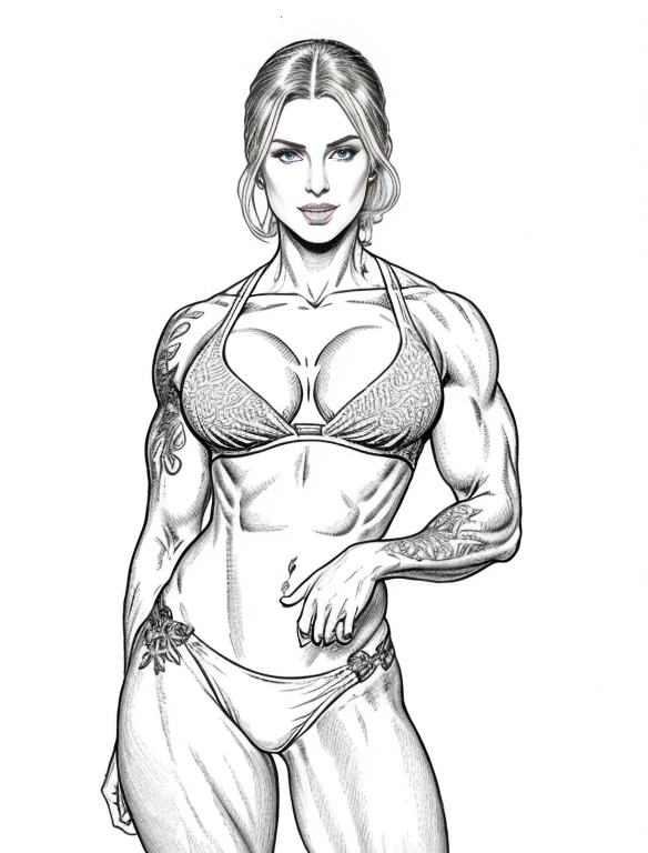 a drawing of a woman with a tattoo on her chest, dicke schwarze Lineart, digitally colored, fette Lineart, inspiriert von Rob Liefeld, gezeichnet im Stil von Mark Arian, Bodybuilder-Superhelden-Bikini, dicke Lineart, intensive Strichzeichnungen, Dorischer Spalter, Bodybuilding-Frau, muscular girl, extremely detailed woman, inspiriert von Clyde Caldwell