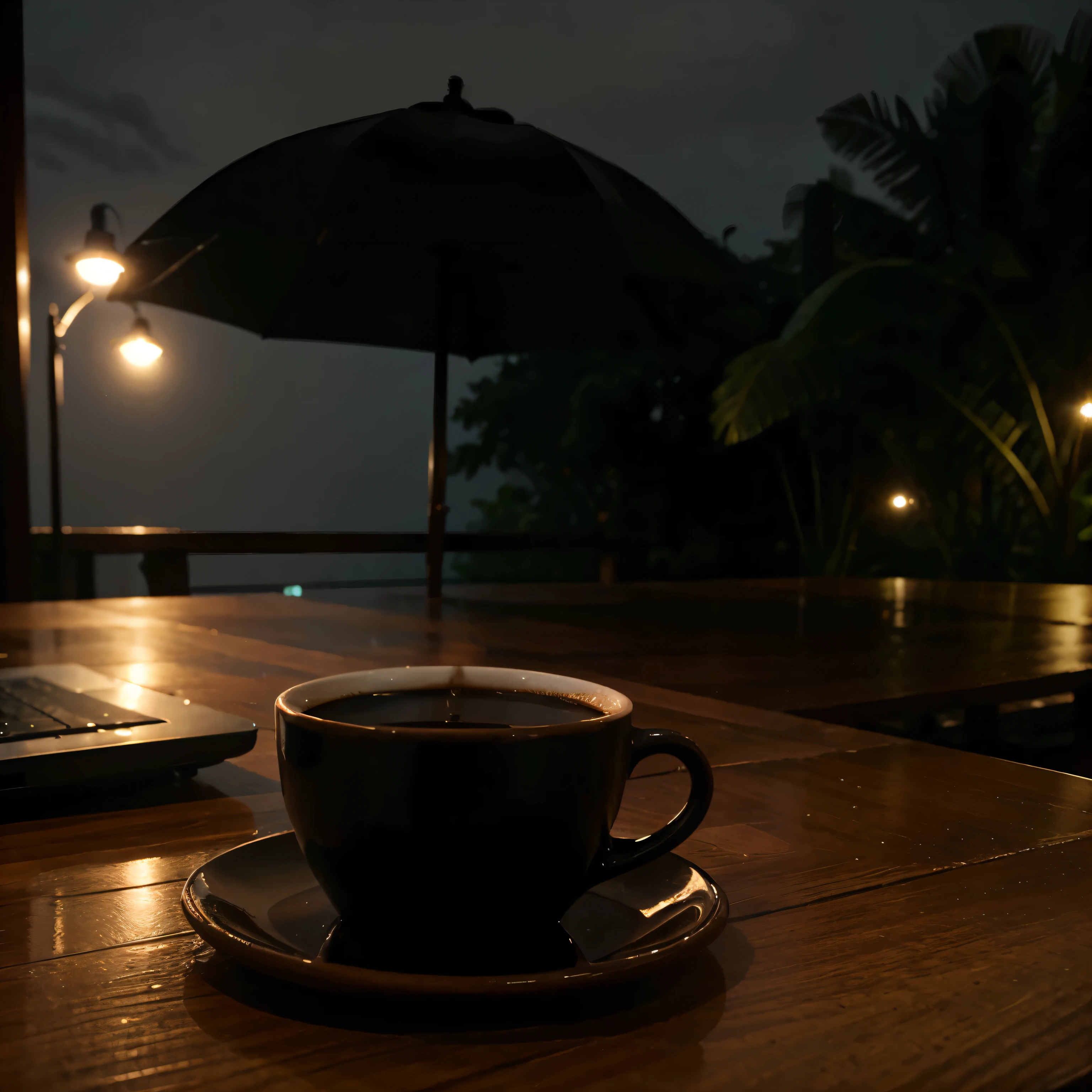 Evening in indonesia, rainy season, a cup of black coffee, laptop, evening