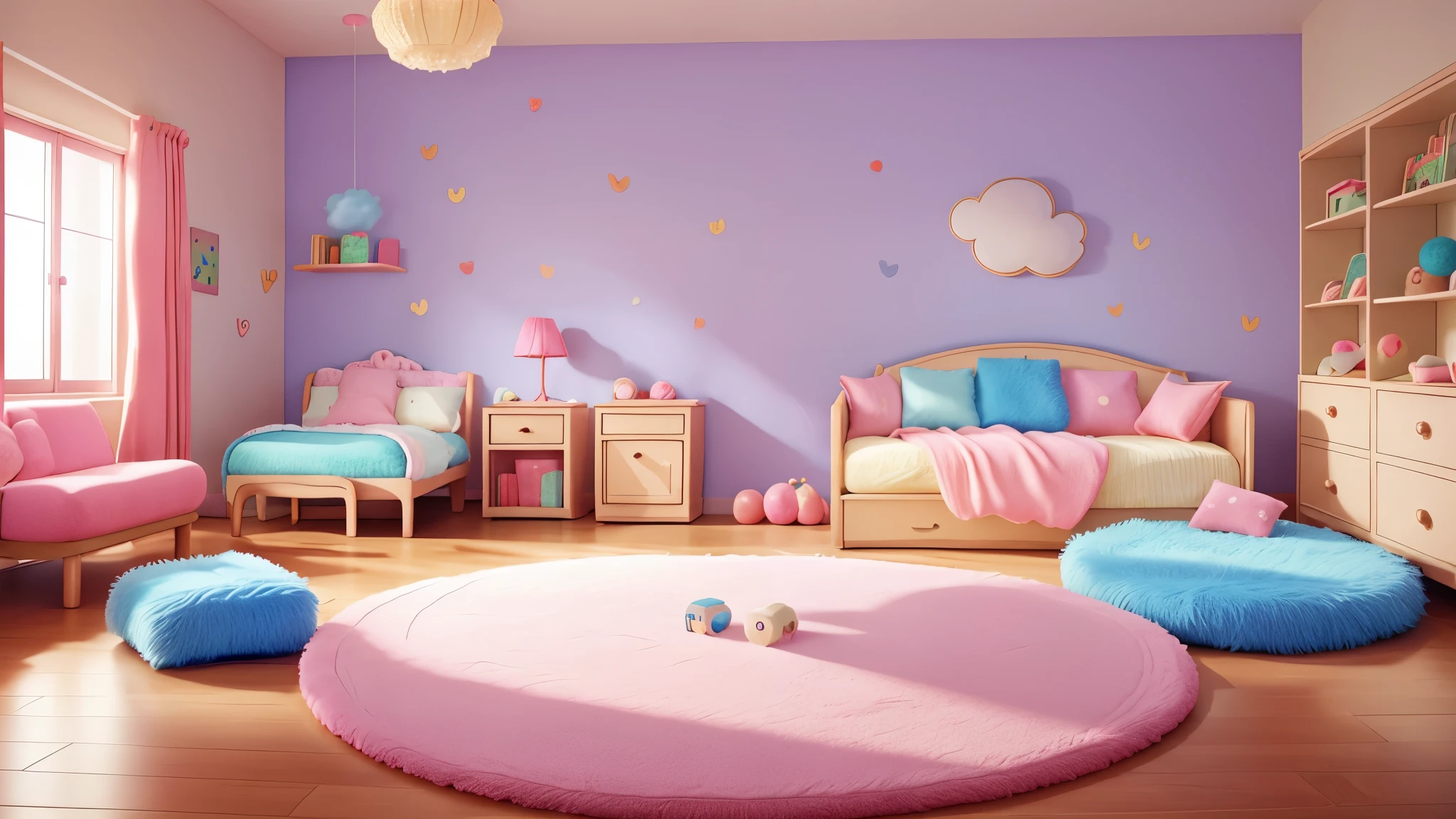 's room with a cute、Fluffy rugs、cloud shaped sofa、Lots of toys