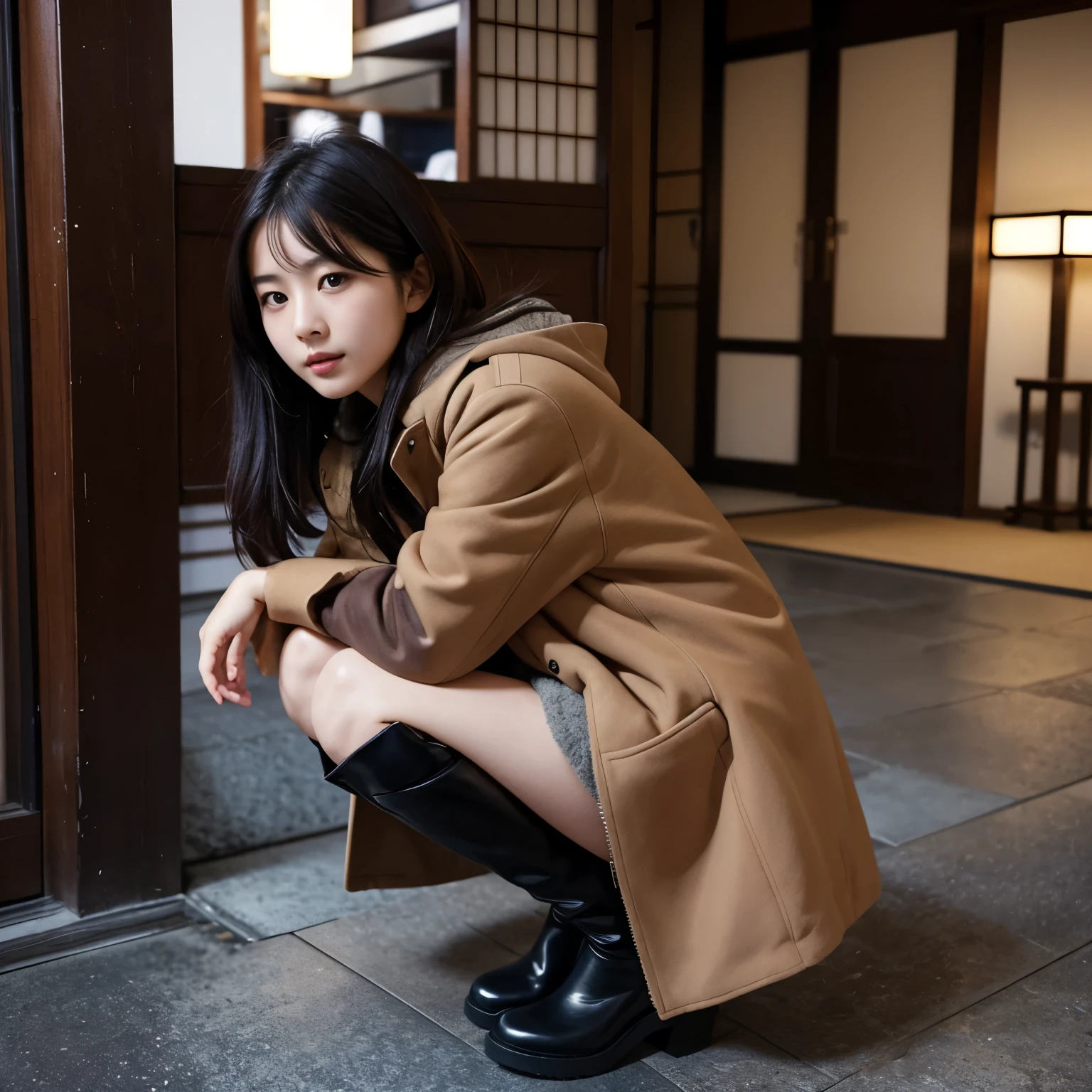 highest quality、(naked)、Japanese、girl、dark pubic hair、long coat、Knee-high boots、squat、Spread the coat