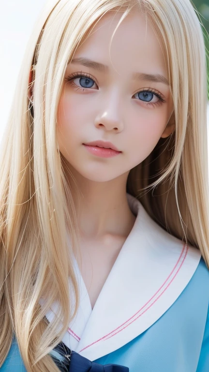 12 year old beautiful girl with a beautiful cute face、Beautiful beautiful blonde straight long hair、Super Long Straight Hair、half body shot、Beautiful long bangs、Very beautiful bright and shining pale sky blue big eyes、very big eyes、Blonde between the eyes、round face、blonde hair above the eyes、片blonde hair above the eyes、school uniform、sailor suit、Very white and young beautiful skin、cheek gloss、cheek highlights、small face beauty