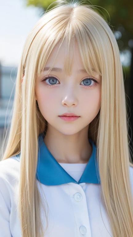 12 year old beautiful girl with a beautiful cute face、Beautiful beautiful blonde straight long hair、Super Long Straight Hair、half body shot、Beautiful long bangs、Very beautiful bright and shining pale sky blue big eyes、very big eyes、Blonde between the eyes、round face、blonde hair above the eyes、片blonde hair above the eyes、school uniform、sailor suit、Very white and young beautiful skin、cheek gloss、cheek highlights、small face beauty