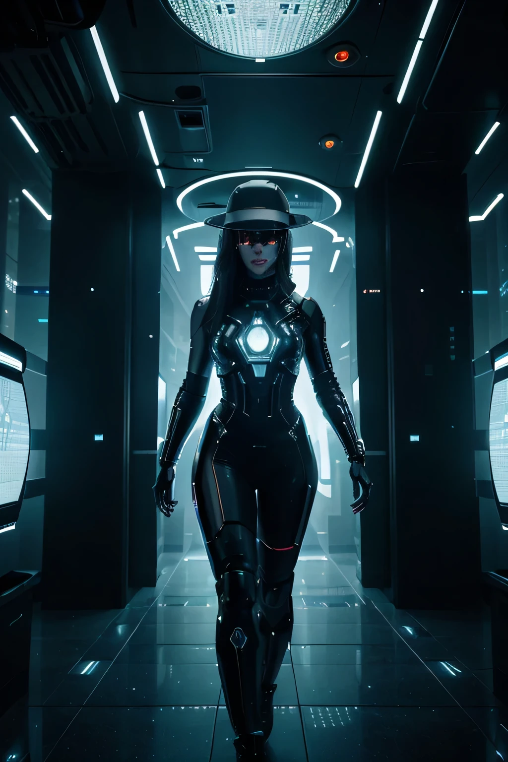 a close up of a lone figure exuding an air of enigma sits prominently in the foreground, donned in a stylish fedora hat. The character is silhouetted against the ethereal glow emanating from the intricate patterns of lights embedded within the pillars, highlighting their isolation, a futuristic city with a lot of lights, futuristic hall, spaceship hallway background, intricate sparkling atmosphere, photo of futuristic cityscape, surreal cyberspace, cyber space, glowing lights intricate, futuristic and ethereal, cyber architecture, background of digital greebles, futuristic dramatic lighting, abstract art representing data, in a dark futuristic room, abstract tech, volumetric lighting futuristic