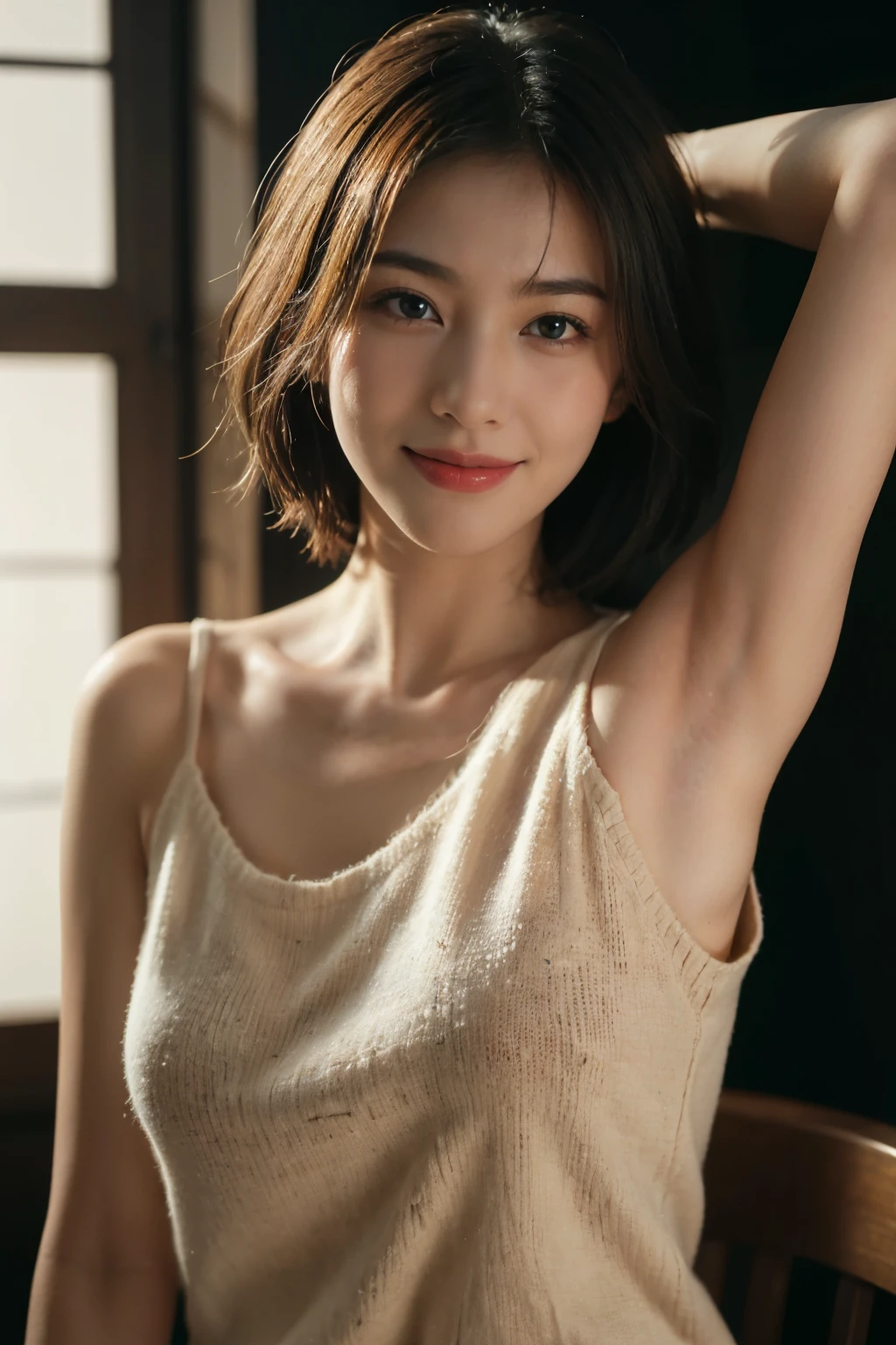 (surreal), (Enlightenment), (high resolution), (8k), (Very detailed), (The best Enlightenmentns), (Beautiful and delicate eyes), (top quality), (Super detailed), (Masterpiece), (wallpaper), (Detailed faces), 18 year old girl,Show beautiful armpits,short or medium hair,Upper body only,Girl in sleeveless sweater, Japanese, 巨big deal山雀, (camel toes)、big breasts、巨big deal山雀、big deal、a smile