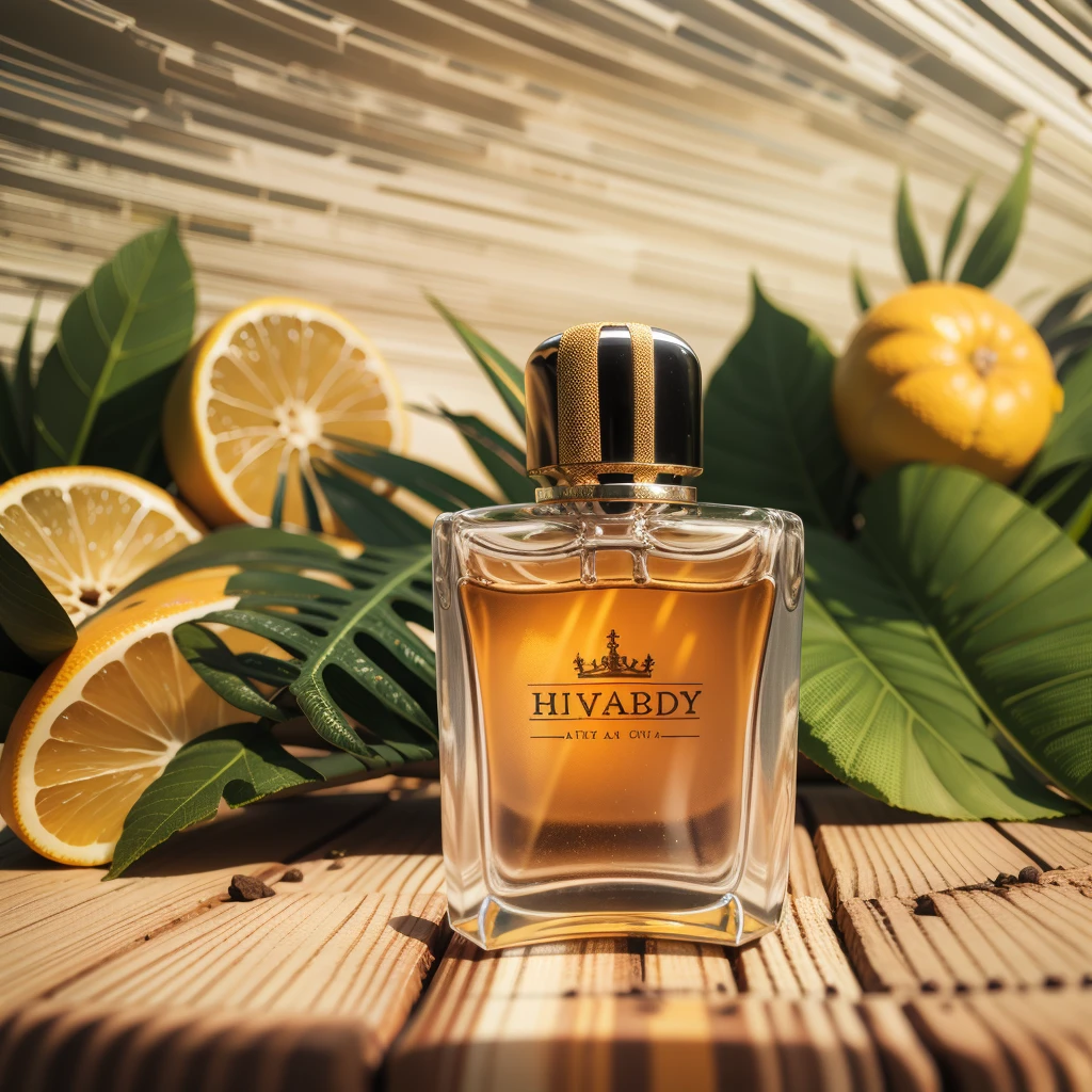 picture of a square shaped transparent perfume bottle, with a citrus pieces, sweet colors, leather background, on woody table, smoky environment, tropical forest with mossy floor, studio photography, splash in background, single perfume bottle surrounded by green leaves in a circular shape, front view of bottle