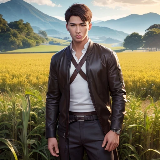 Handsome guy、(Photoreal:1.4),ultra high resolution, Super detailed, masterpiece, highest quality,oriental、boy、alone、game poster、tied the obi、pants、fields、farmer、bust shot