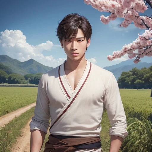 Handsome guy、(Photoreal:1.4),ultra high resolution, Super detailed, masterpiece, highest quality,oriental、boy、alone、game poster、tied the obi、pants、fields、farmer、bust shot