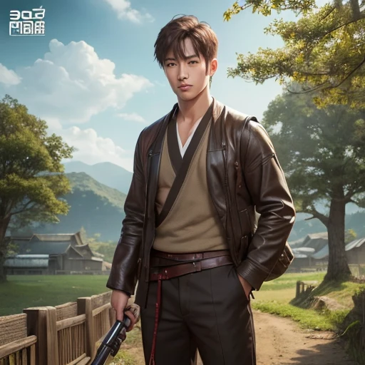 Handsome guy、(Photoreal:1.4),ultra high resolution, Super detailed, masterpiece, highest quality,oriental、boy、alone、game poster、tied the obi、pants、fields、farmer、bust shot