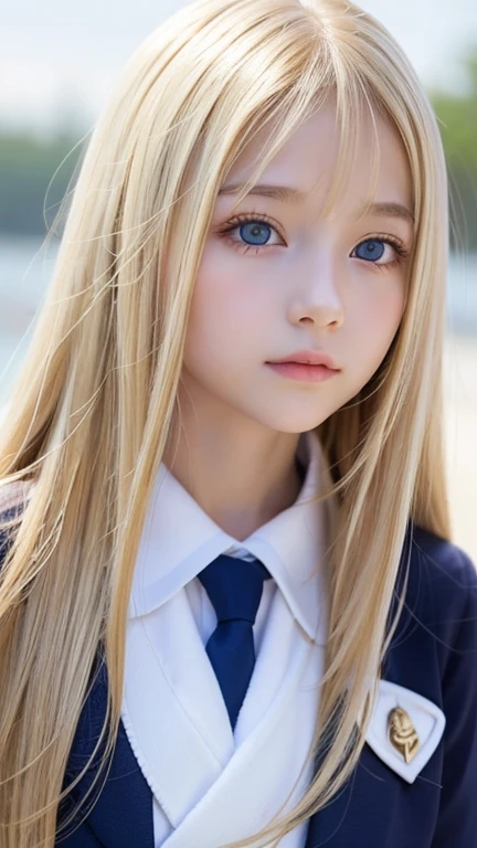 12 year old beautiful girl with a beautiful cute face、Beautiful beautiful blonde straight long hair、Super Long Straight Hair、half body shot、Beautiful long bangs、Very beautiful bright and shining pale sky blue big eyes、very big eyes、Blonde between the eyes、round face、blonde hair above the eyes、片blonde hair above the eyes、school uniform、sailor suit、Very white and young beautiful skin、cheek gloss、cheek highlights、small face beauty