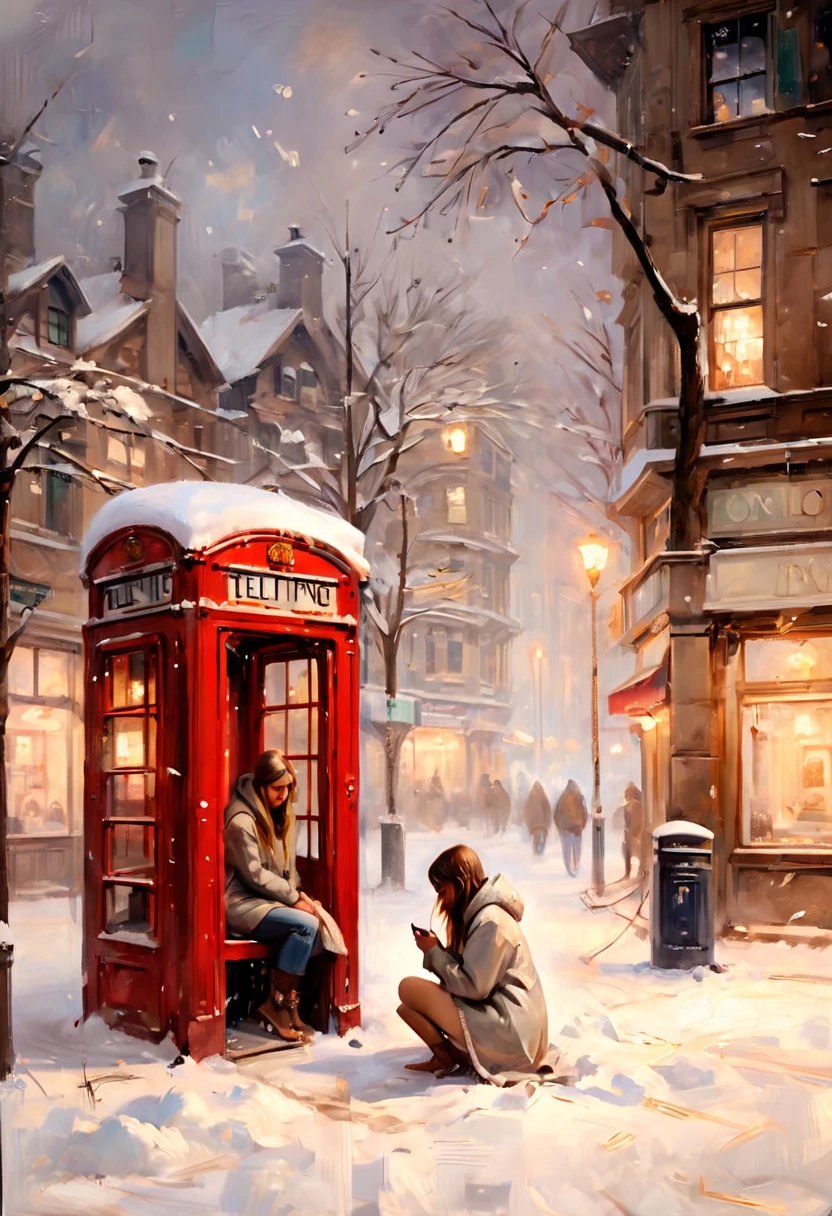 In the midst of winter, under a heavy snowfall, everything is covered in ice and snow. At a street corner, there's a phone booth where a beautiful girl is squatting on the ground, alone and waiting. The scene captures the contrast between the cold, white blanket of snow and the warm, hopeful glow emanating from the phone booth, highlighting the girl's solitude and anticipation in this serene yet somber winter landscape.