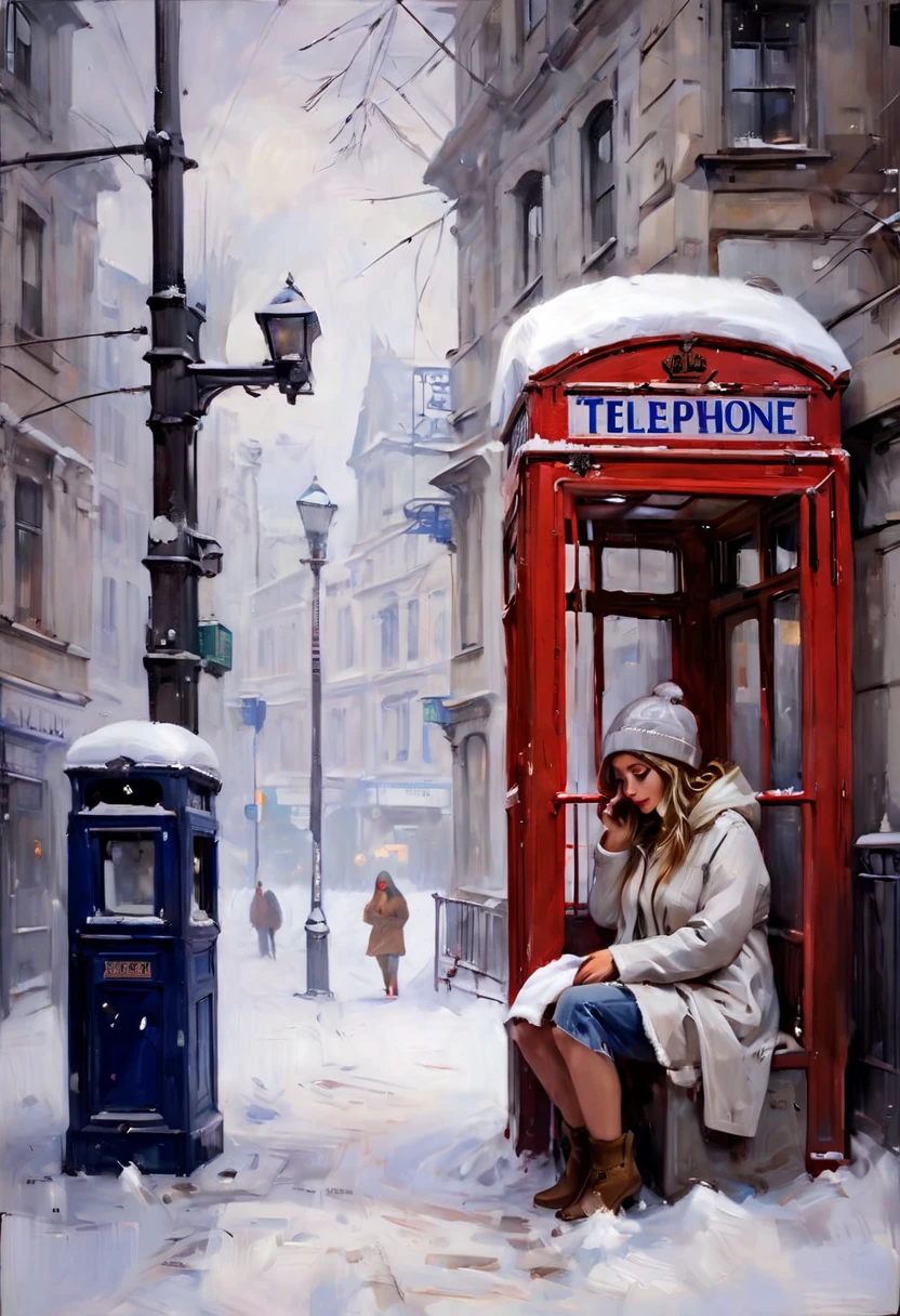 In the midst of winter, under a heavy snowfall, everything is covered in ice and snow. At a street corner, there's a phone booth where a beautiful girl is squatting on the ground, alone and waiting. The scene captures the contrast between the cold, white blanket of snow and the warm, hopeful glow emanating from the phone booth, highlighting the girl's solitude and anticipation in this serene yet somber winter landscape.