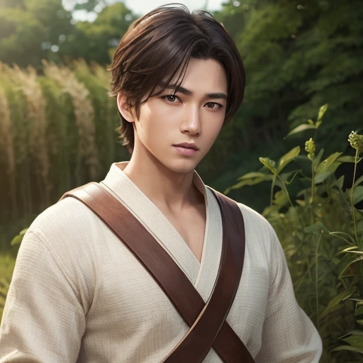 Handsome guy、(Photoreal:1.4),ultra high resolution, Super detailed, masterpiece, highest quality,oriental、boy、alone、game poster、tied the obi、pants、fields、farmer、bust shot