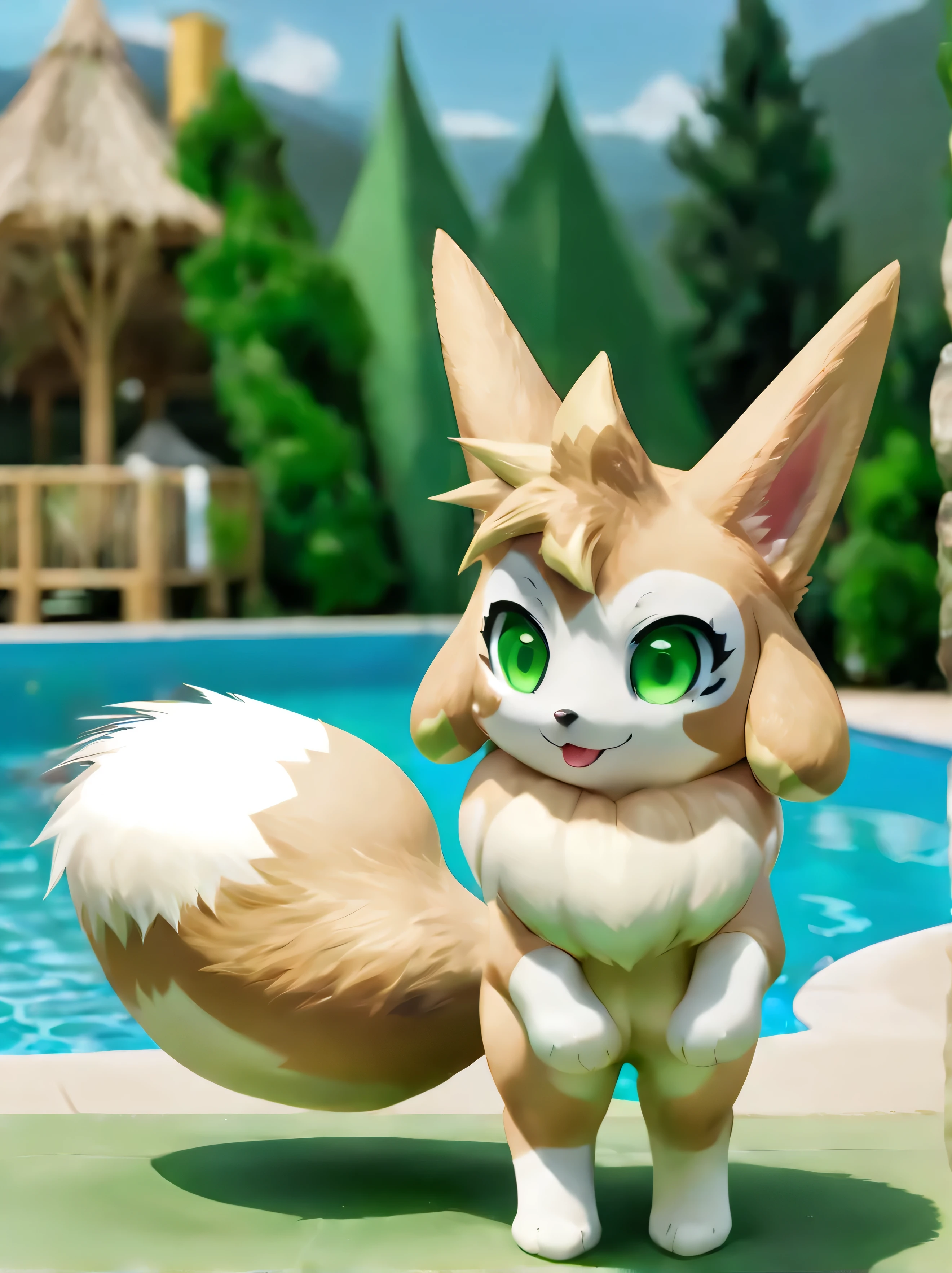 vxypwld style, cute vixy from palworld, big green eyes, beige and white fur, big fluffy tail, chest tuft, standing, stops and poses for fashion photos at a swimming pool, summer day, nature background